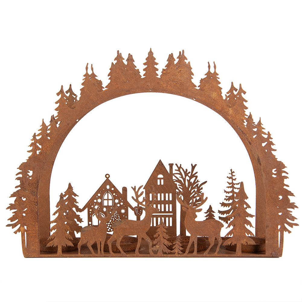 Adventskranz / Teelichthalter in Rostoptik aus Metall, Winterlandschaft