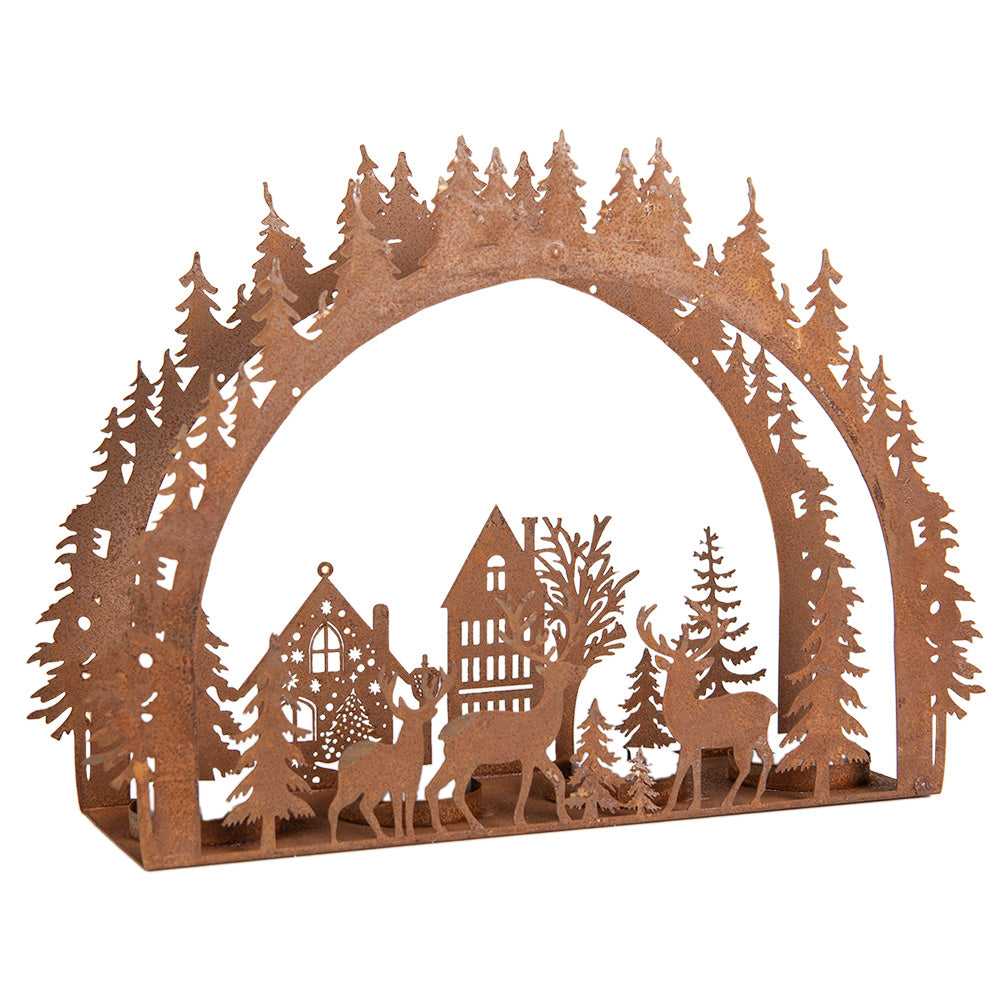 Adventskranz / Teelichthalter in Rostoptik aus Metall, Winterlandschaft