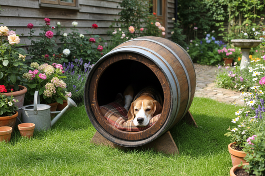 Cuccia per cani realizzata con una vecchia botte di vino in rovere