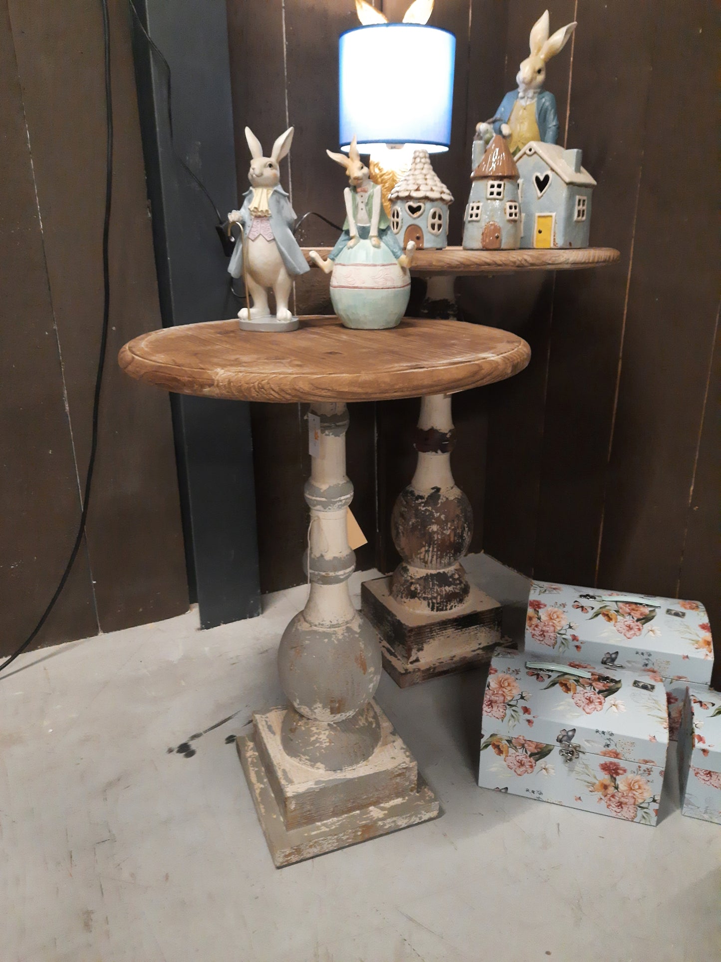 Beistelltisch Rund Shabby Chic Holz Ø 51 cm - Weiß-Grau/Braun