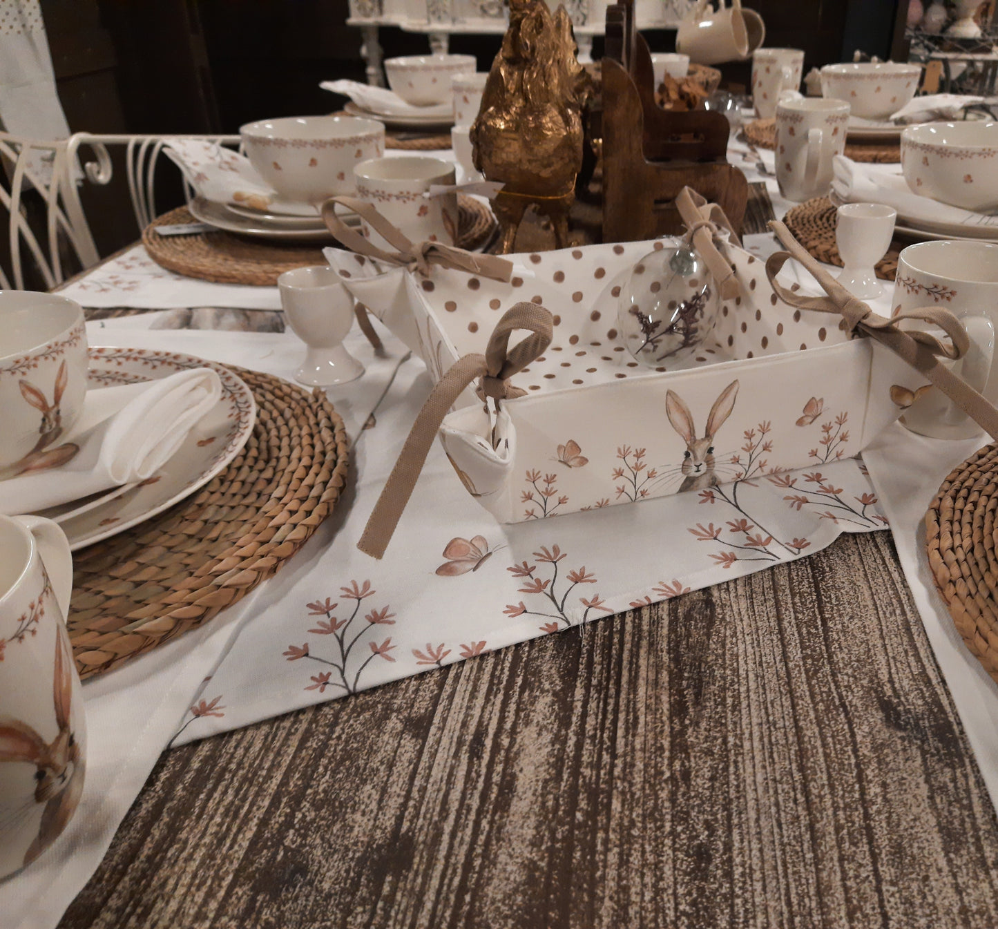 Brotkorb Ostern mit Häschen-Motiv - Beige Baumwolle im Landhausstil