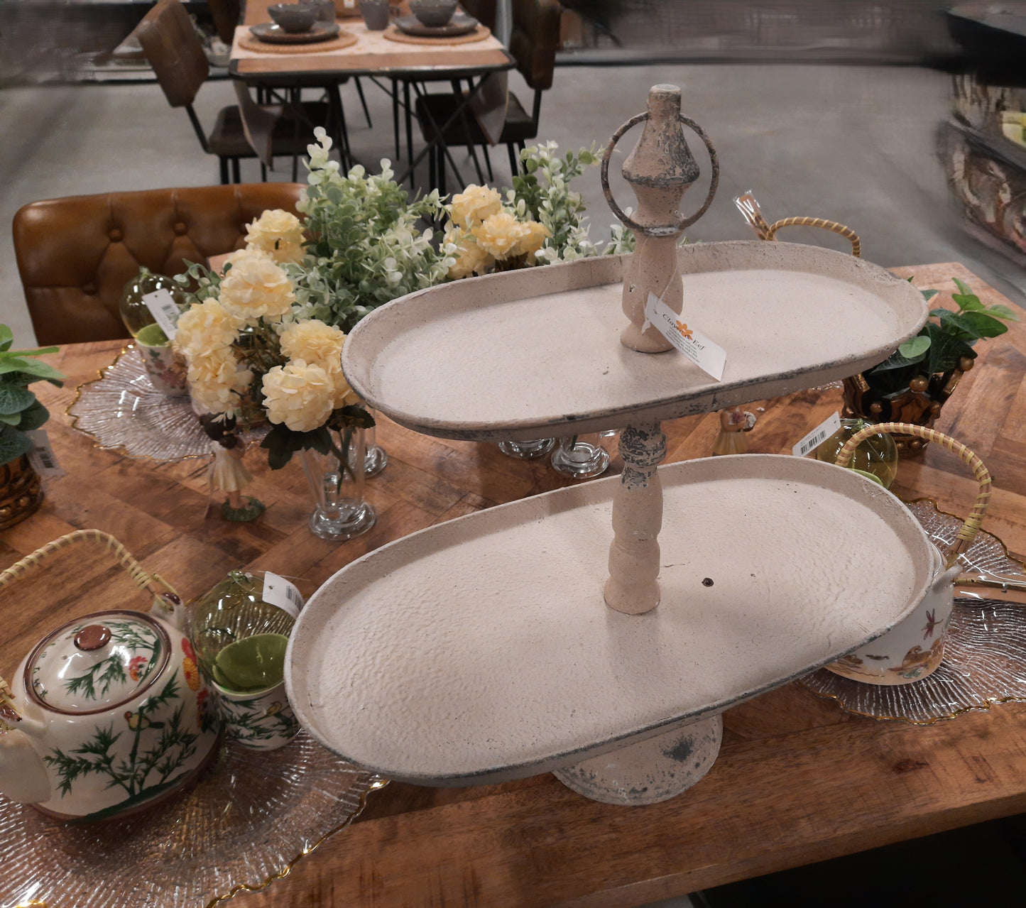 Ovale Etagere Metall Beige - Zweistöckig Shabby Chic Vintage Landhaus