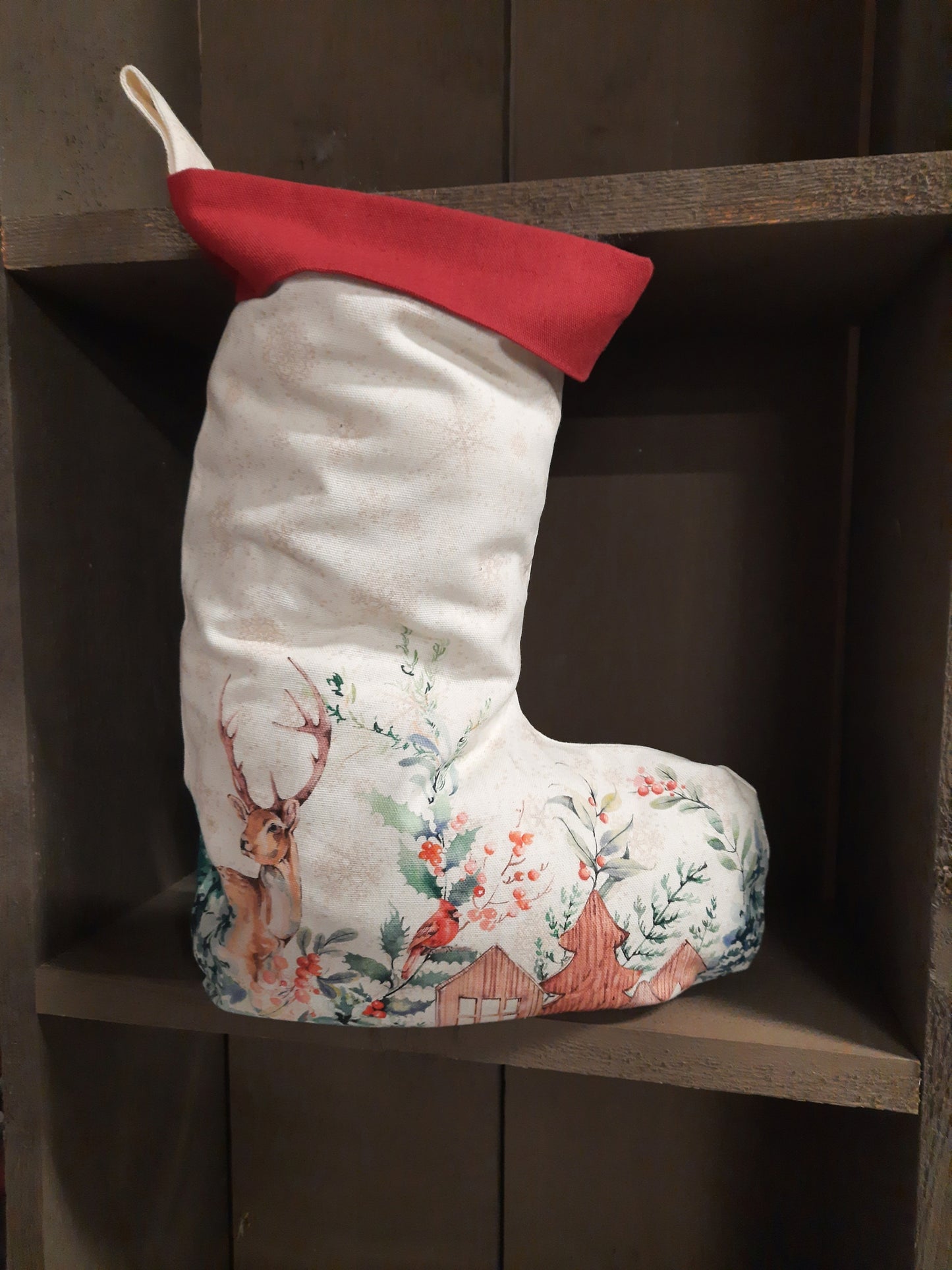 Weihnachtsstrumpf, Nikolausstrumpf, Baumwolle, Winterwald mit Hirschen,  30x40cm