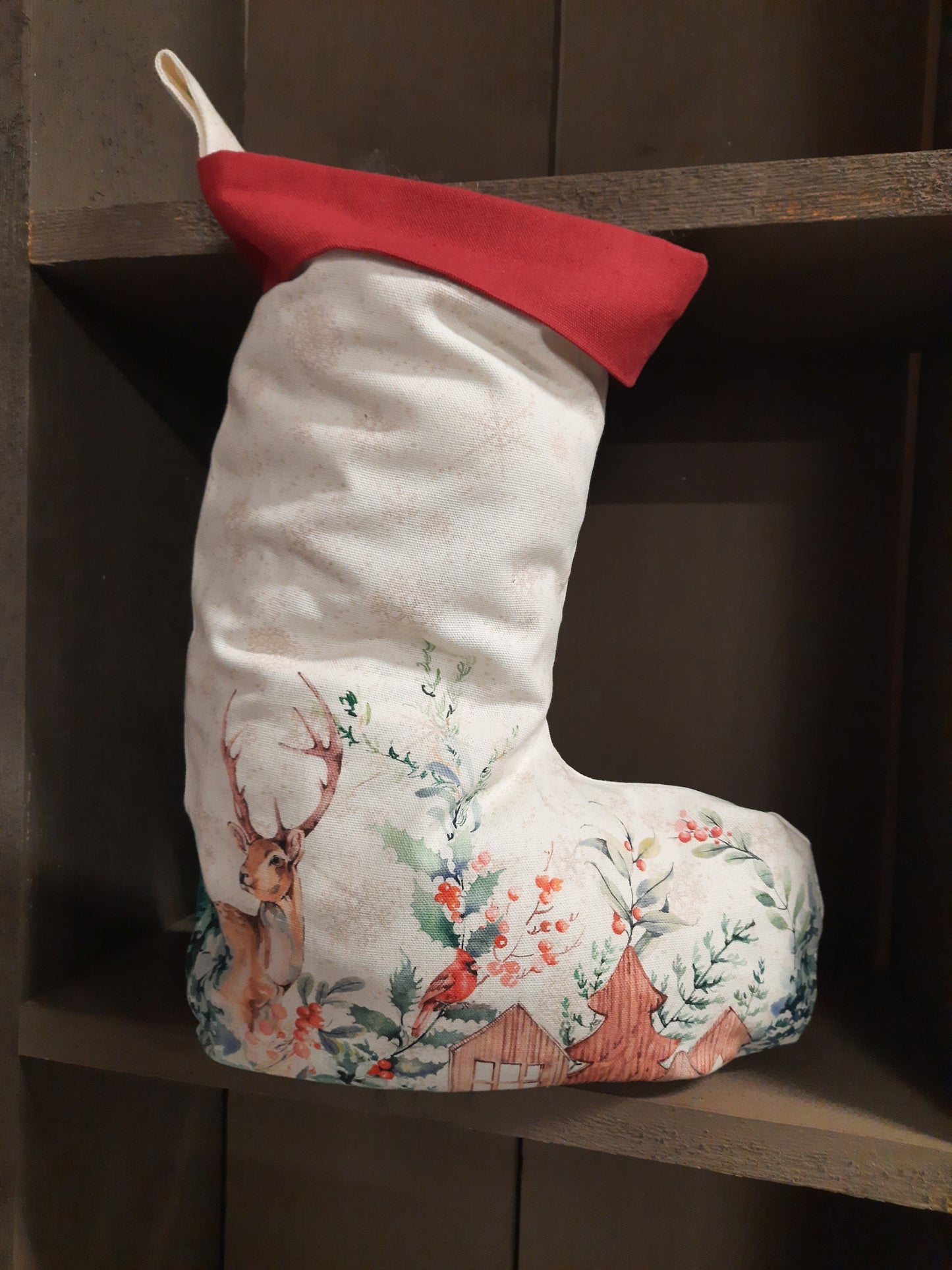 Weihnachtsstrumpf, Nikolausstrumpf, Baumwolle, Winterwald mit Hirschen,  30x40cm