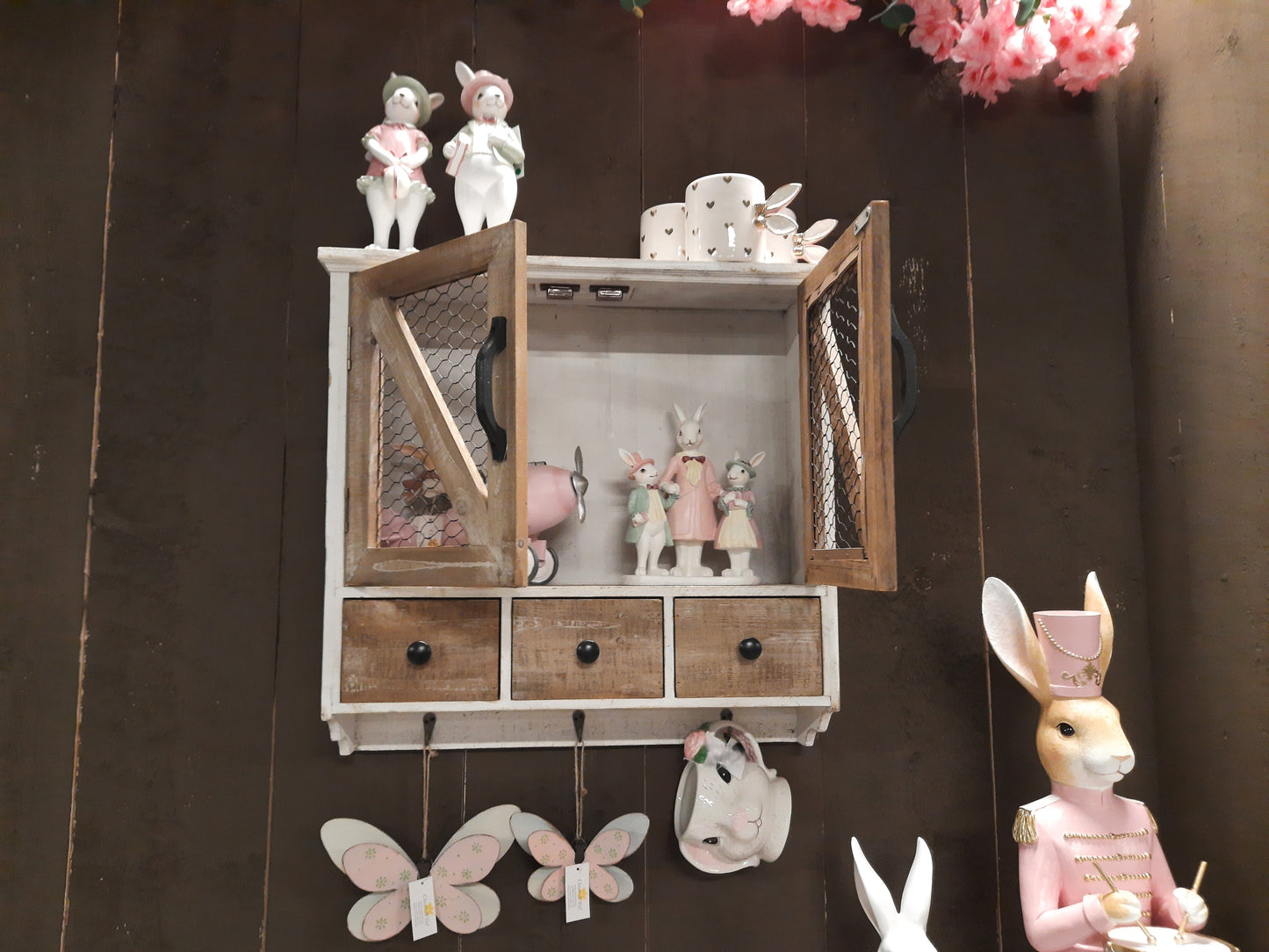 Wandregal mit Haken und Schubladen - Landhausstil Holz Braun-Weiß 53cm