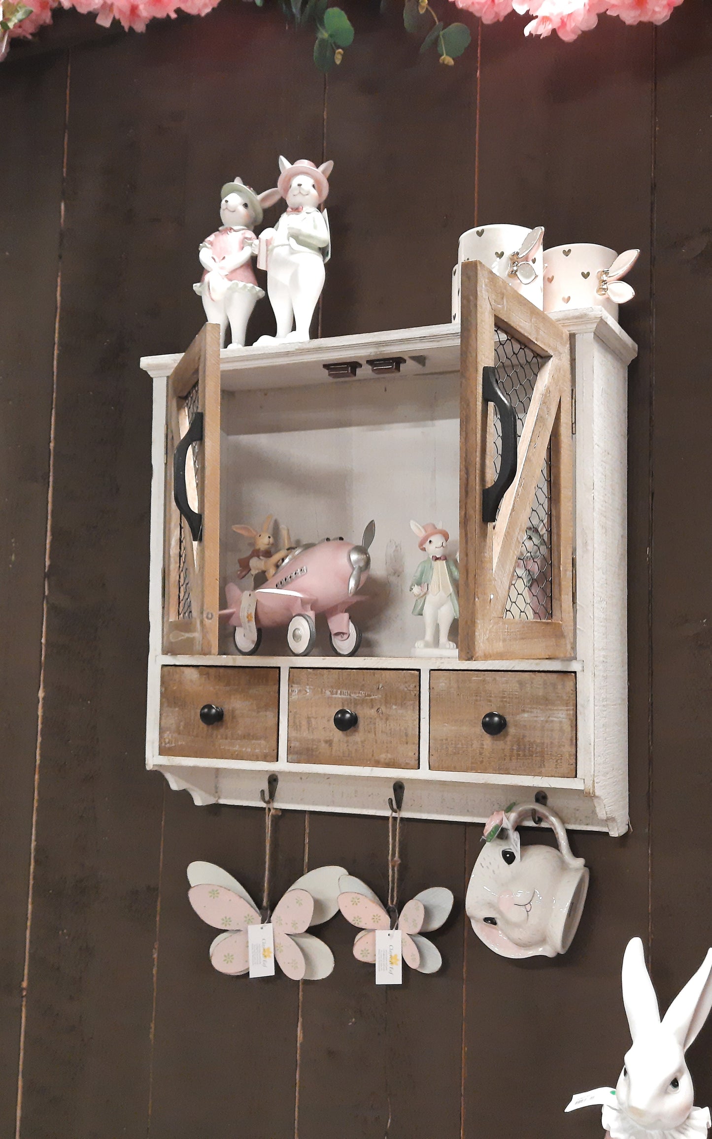 Wandregal mit Haken und Schubladen - Landhausstil Holz Braun-Weiß 53cm