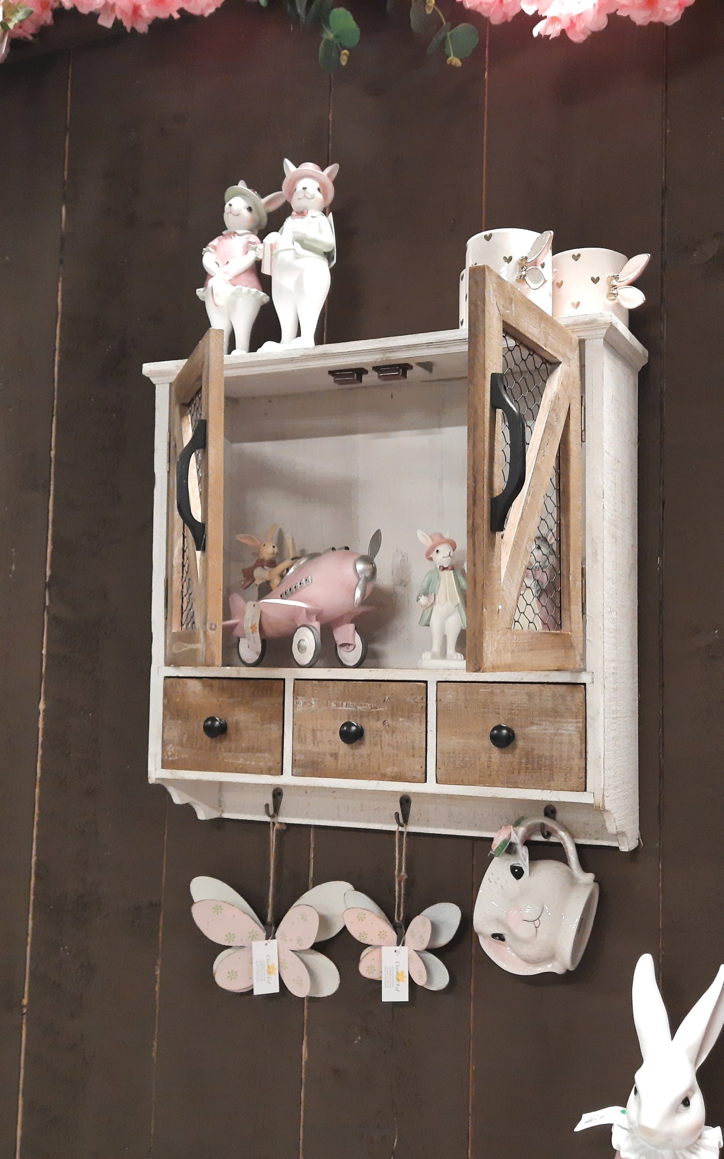 Wandregal mit Haken und Schubladen - Landhausstil Holz Braun-Weiß 53cm