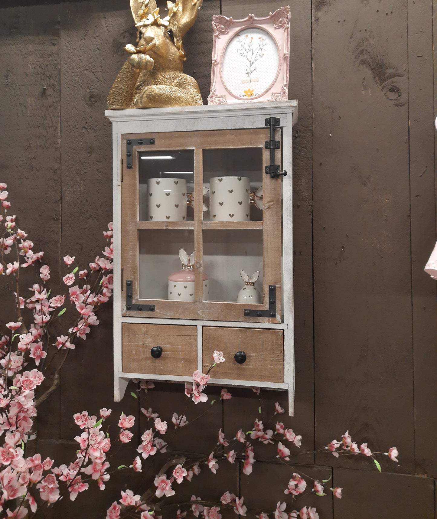 Wandschrank mit Haken und Schubladen Holz Braun-Weiß Landhausstil