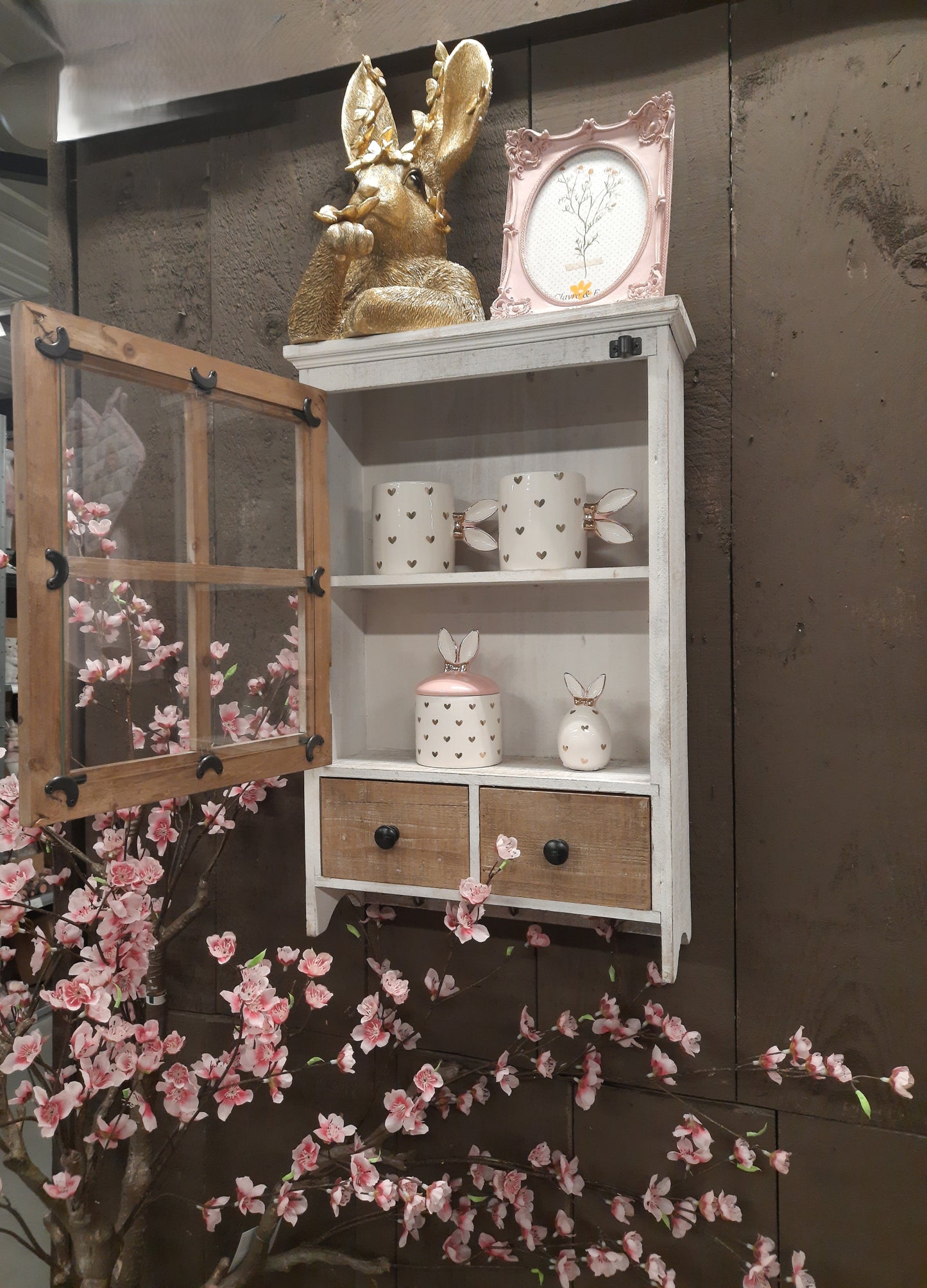 Wandschrank mit Haken und Schubladen Holz Braun-Weiß Landhausstil