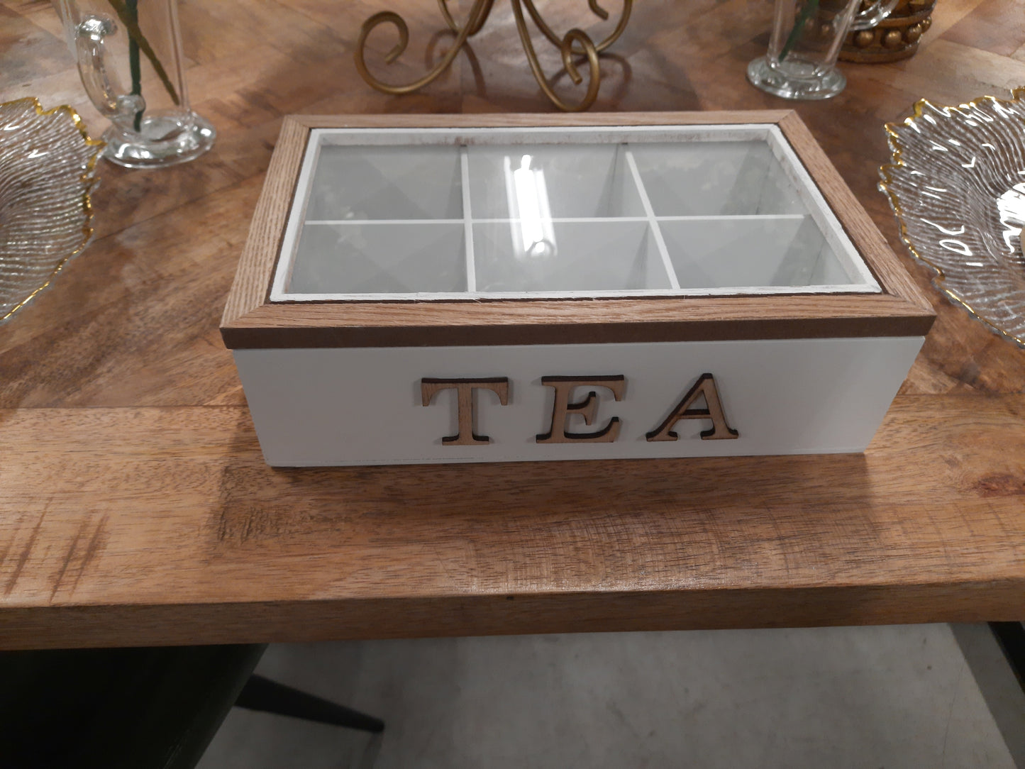 Teebox mit 6 Fächern - Rechteckig Weiß/Braun 23x17x8 cm