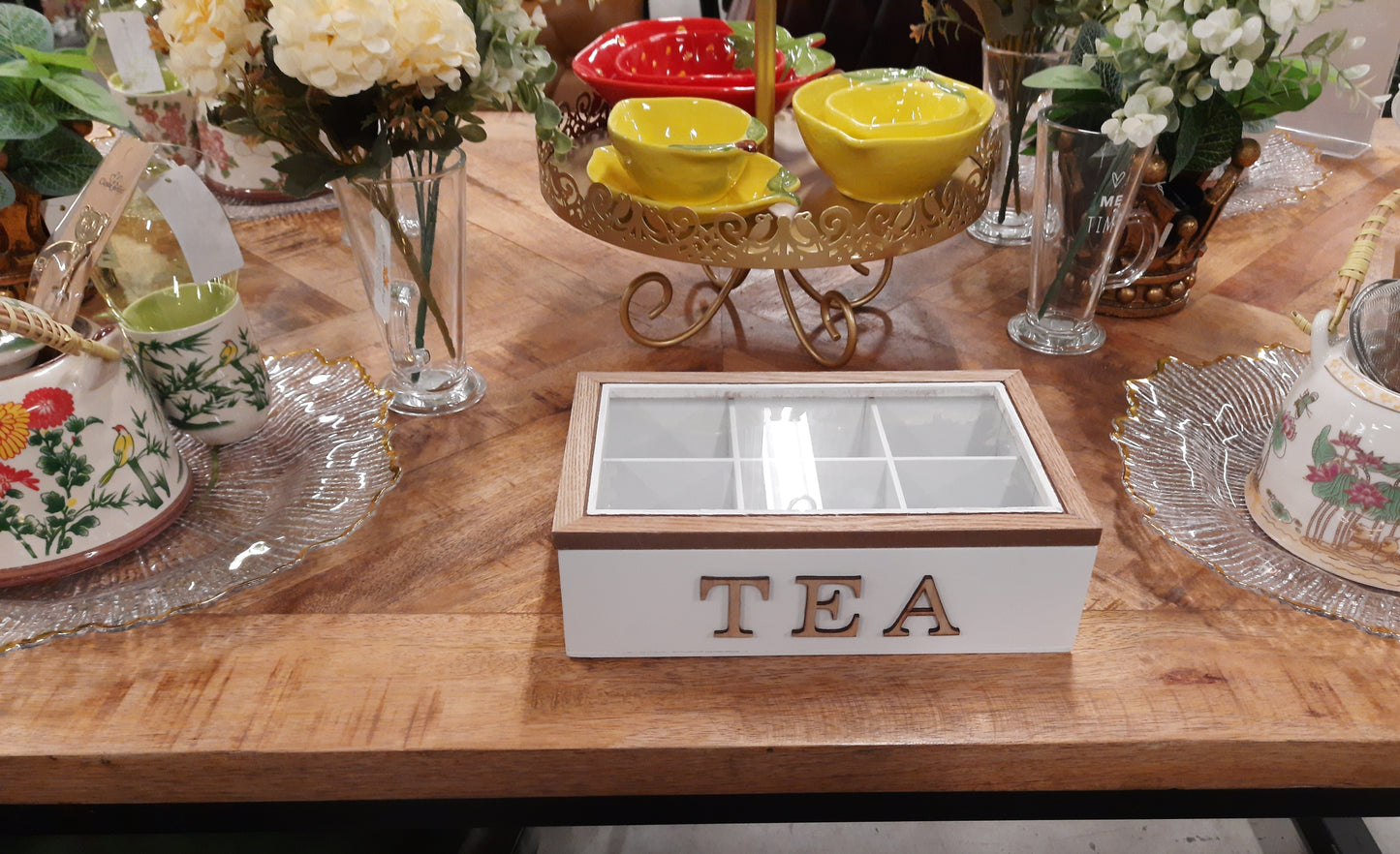 Teebox mit 6 Fächern - Rechteckig Weiß/Braun 23x17x8 cm