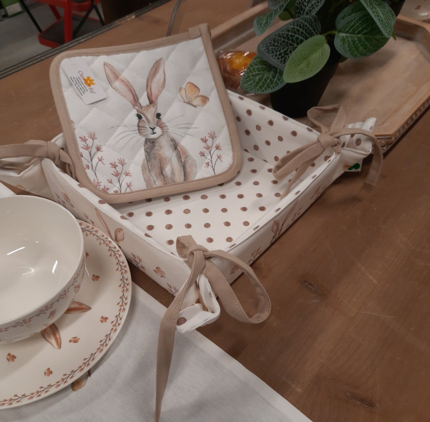 Brotkorb Ostern mit Häschen-Motiv - Beige Baumwolle im Landhausstil