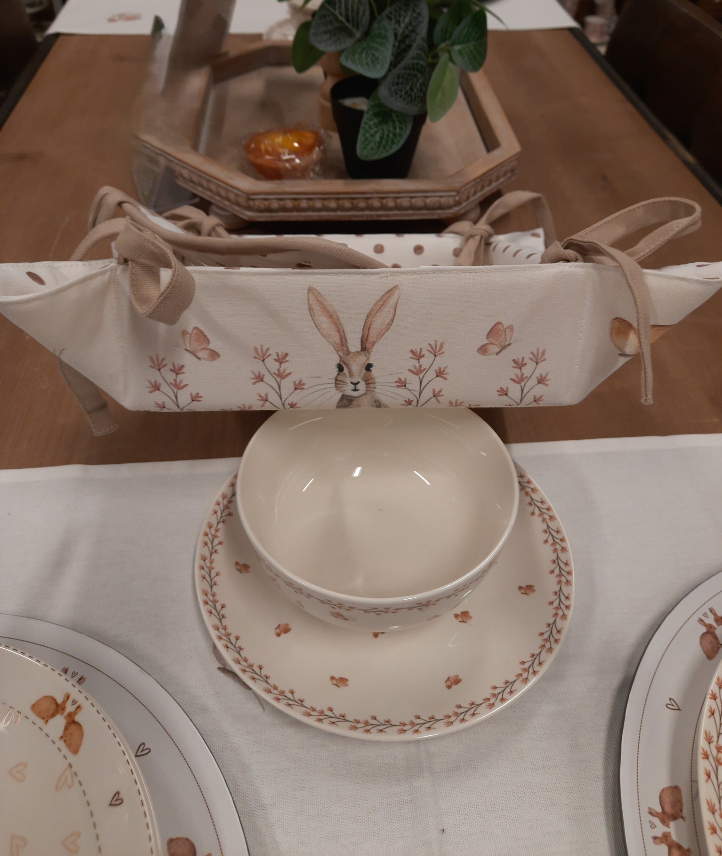 Brotkorb Ostern mit Häschen-Motiv - Beige Baumwolle im Landhausstil