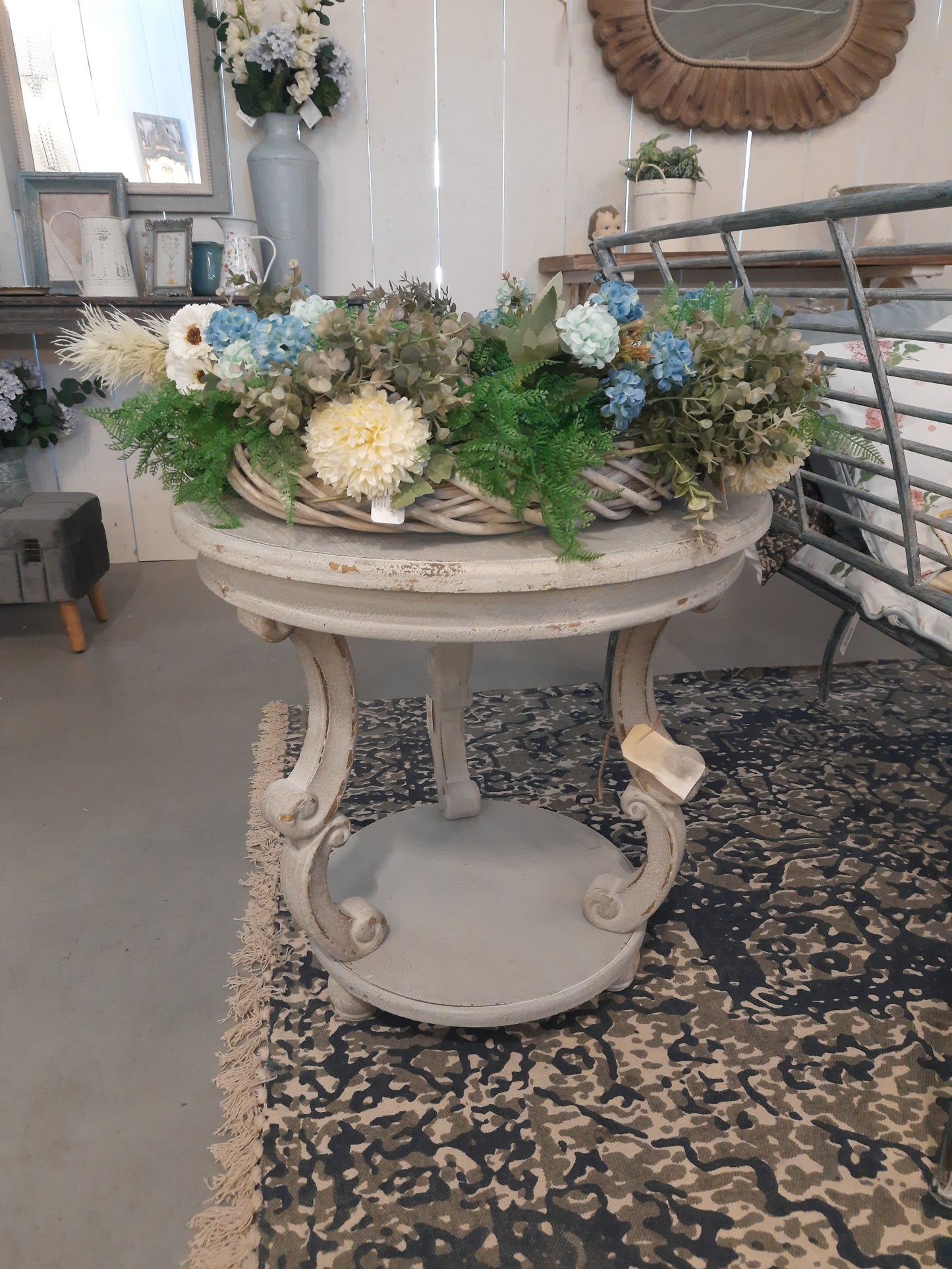 Beistelltisch Rund Grau Holz Shabby Chic mit Ablage