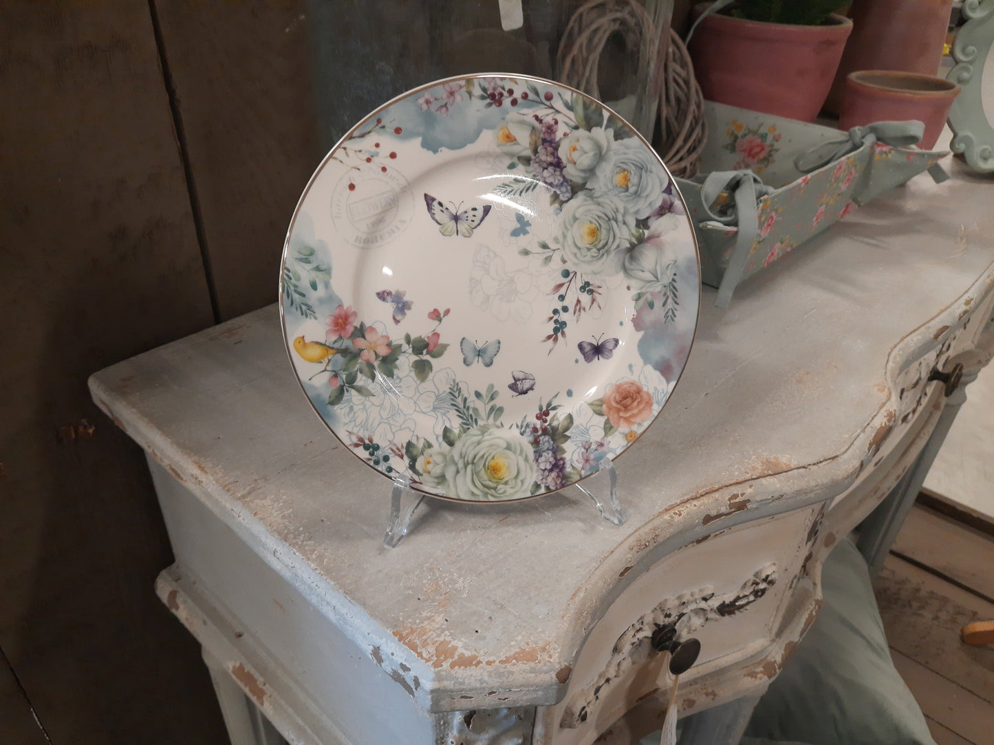 Porzellan Geschirr Blumen & Schmetterlinge Blau-Weiß - Landhausstil Mix & Match