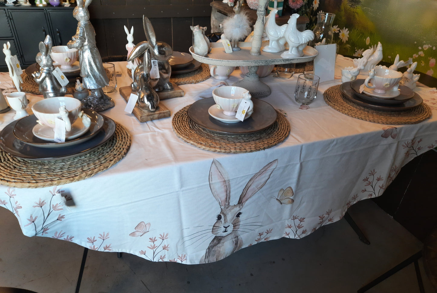 Tablecloth Easter Cotton White Beige Bunny Rabbit Spring