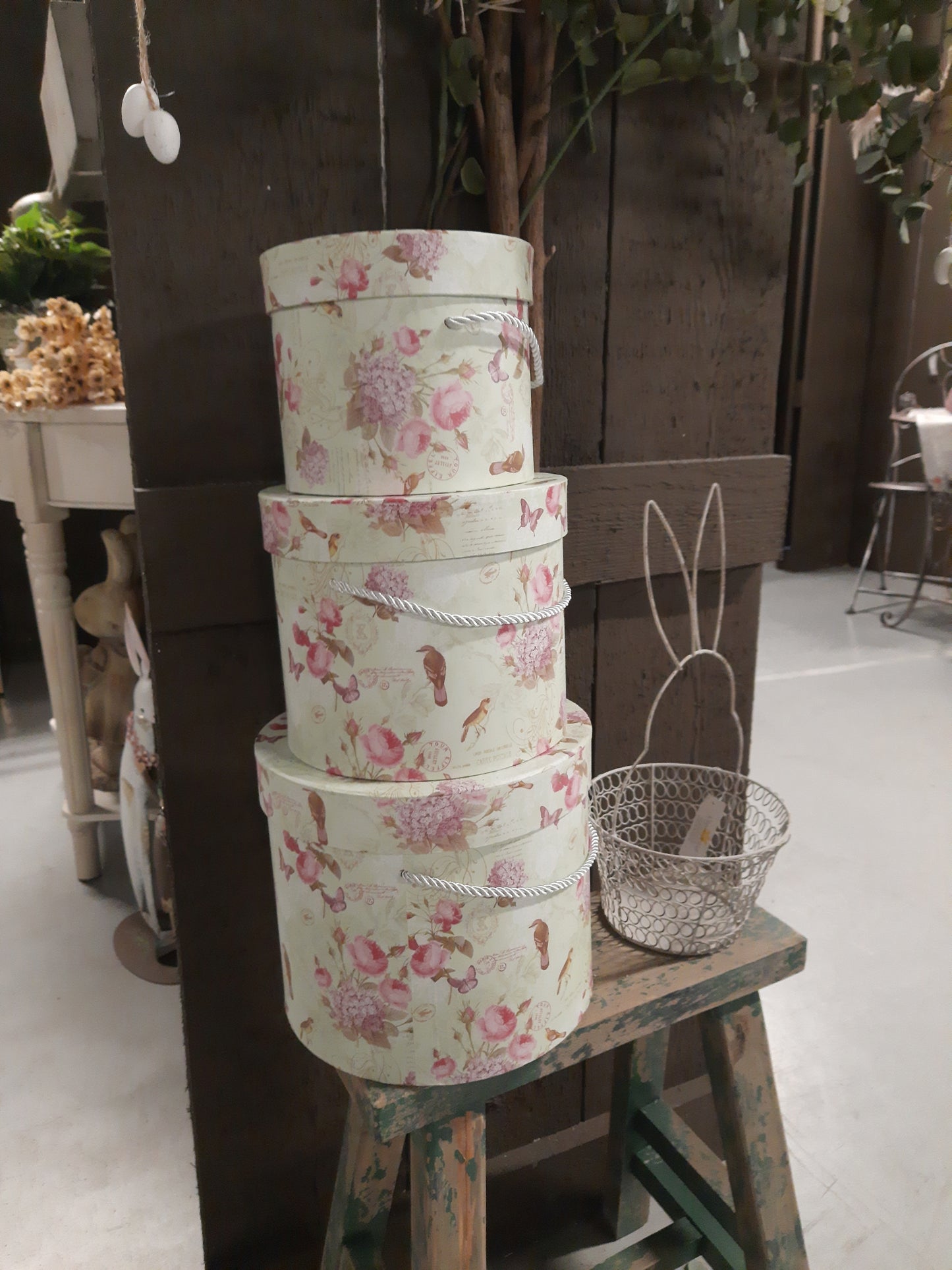 Aufbewahrungsbox Blumen grün rosa 3er Set - Landhausstil Geschenkbox Pappe