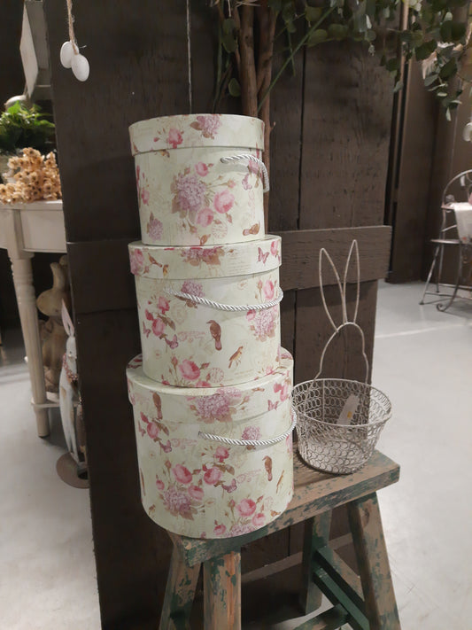 Aufbewahrungsbox Blumen grün rosa 3er Set - Landhausstil Geschenkbox Pappe