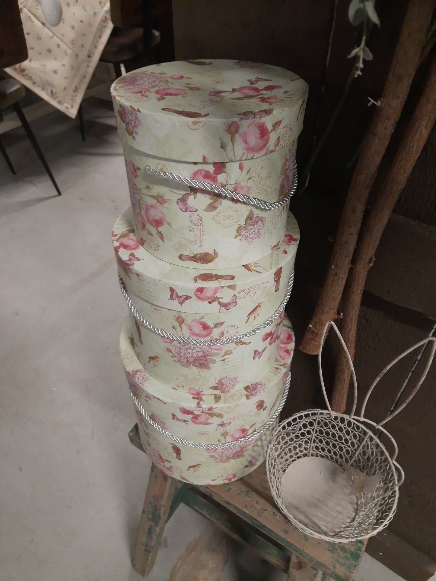 Aufbewahrungsbox Blumen grün rosa 3er Set - Landhausstil Geschenkbox Pappe