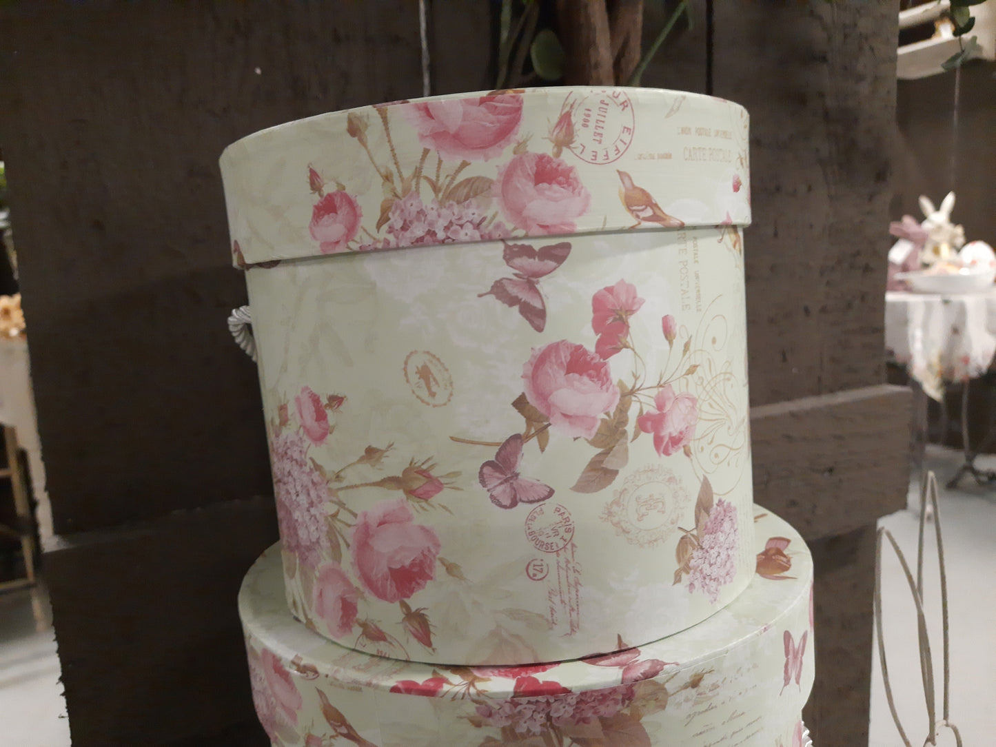 Aufbewahrungsbox Blumen grün rosa 3er Set - Landhausstil Geschenkbox Pappe