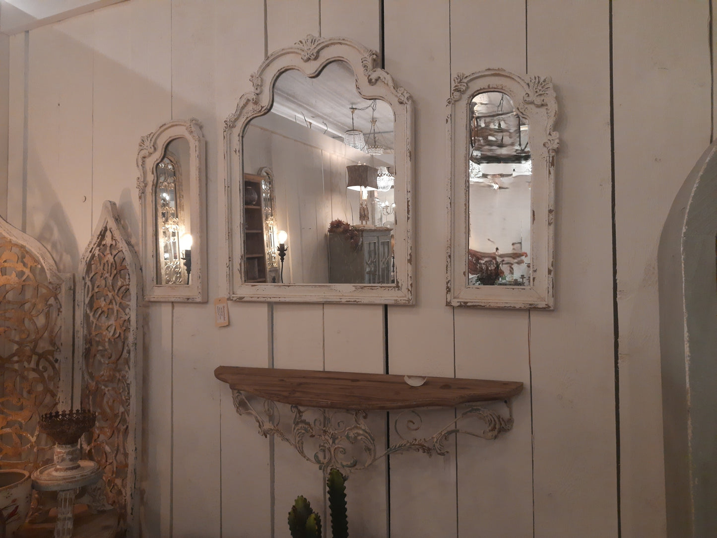 Dreiflügeliger Barock-Spiegel Weiß Holz 122x84 cm - Shabby Chic Wandspiegel Landhaus