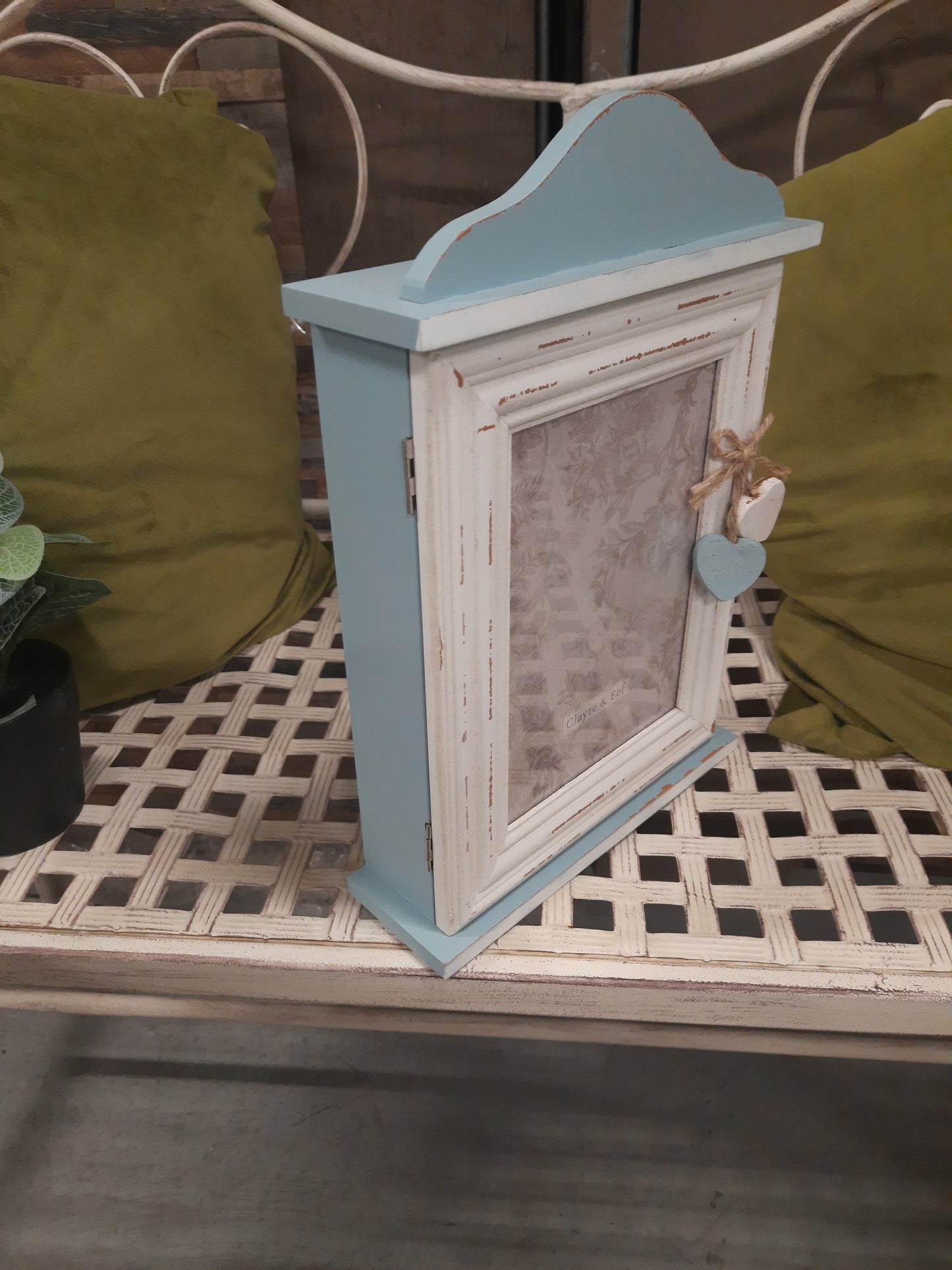Schlüsselkasten Shabby Chic Blau-Weiß mit Bilderrahmen - Landhausstil