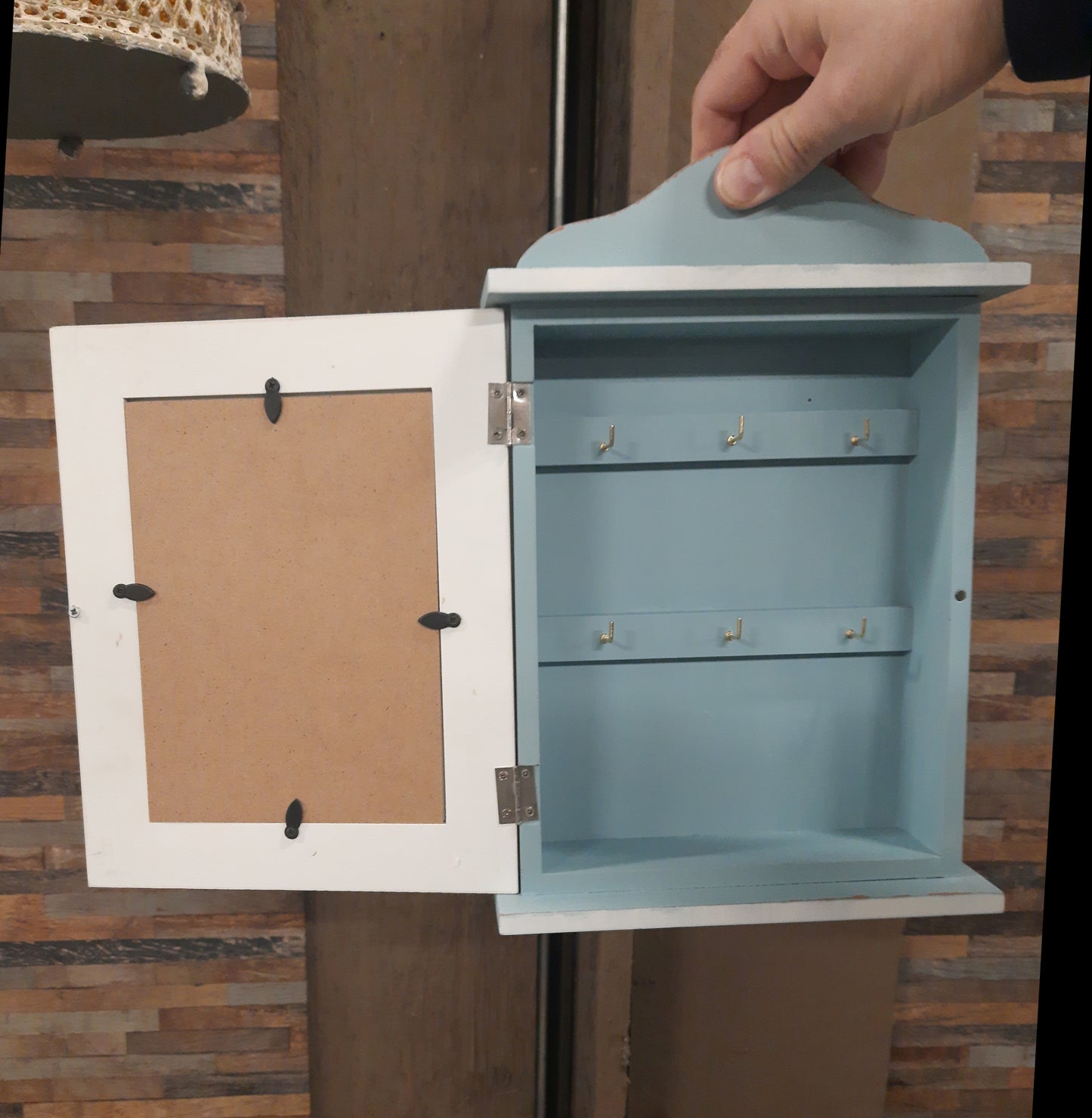 Schlüsselkasten Shabby Chic Blau-Weiß mit Bilderrahmen - Landhausstil