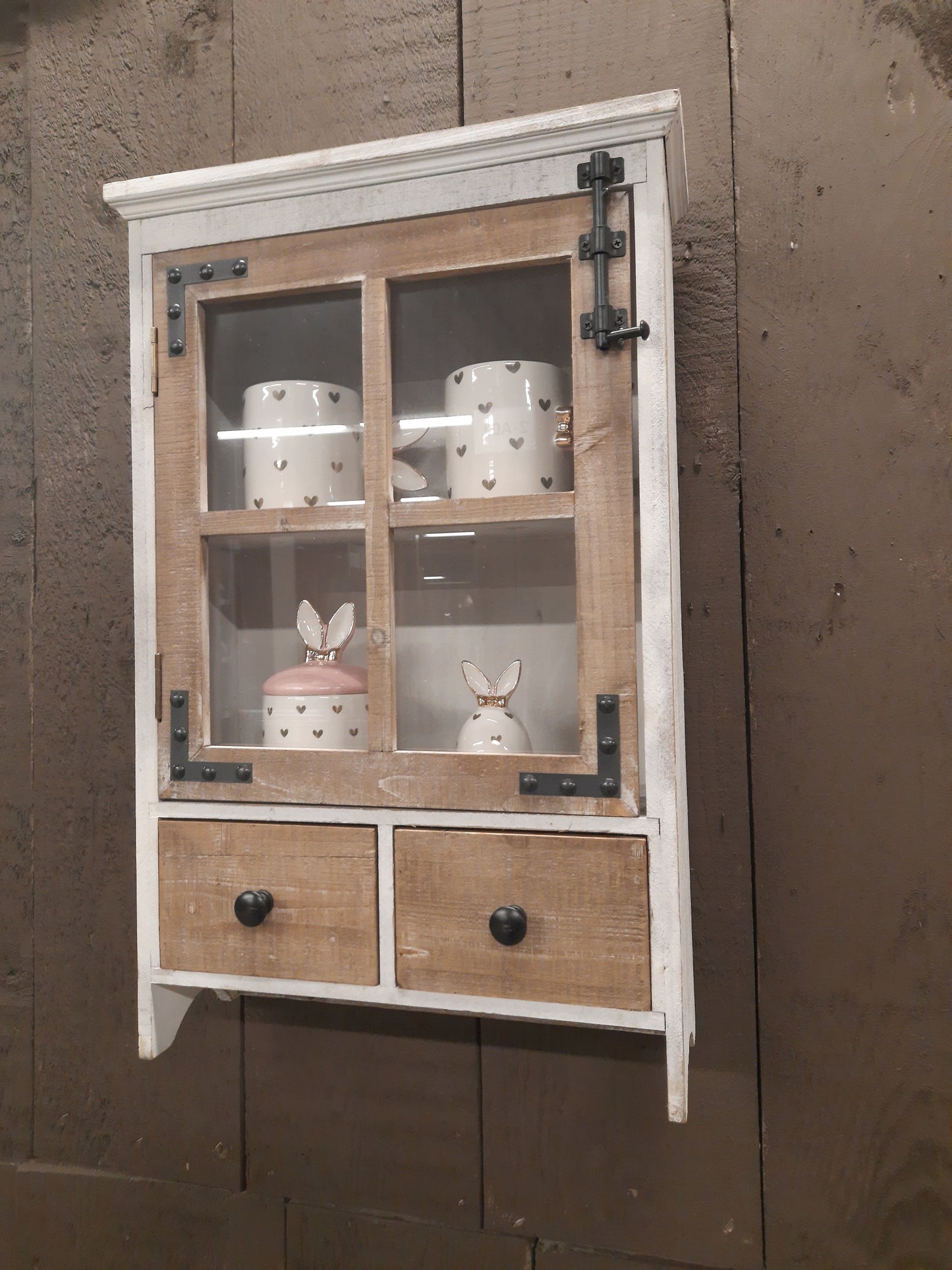 Wandschrank mit Haken und Schubladen Holz Braun-Weiß Landhausstil