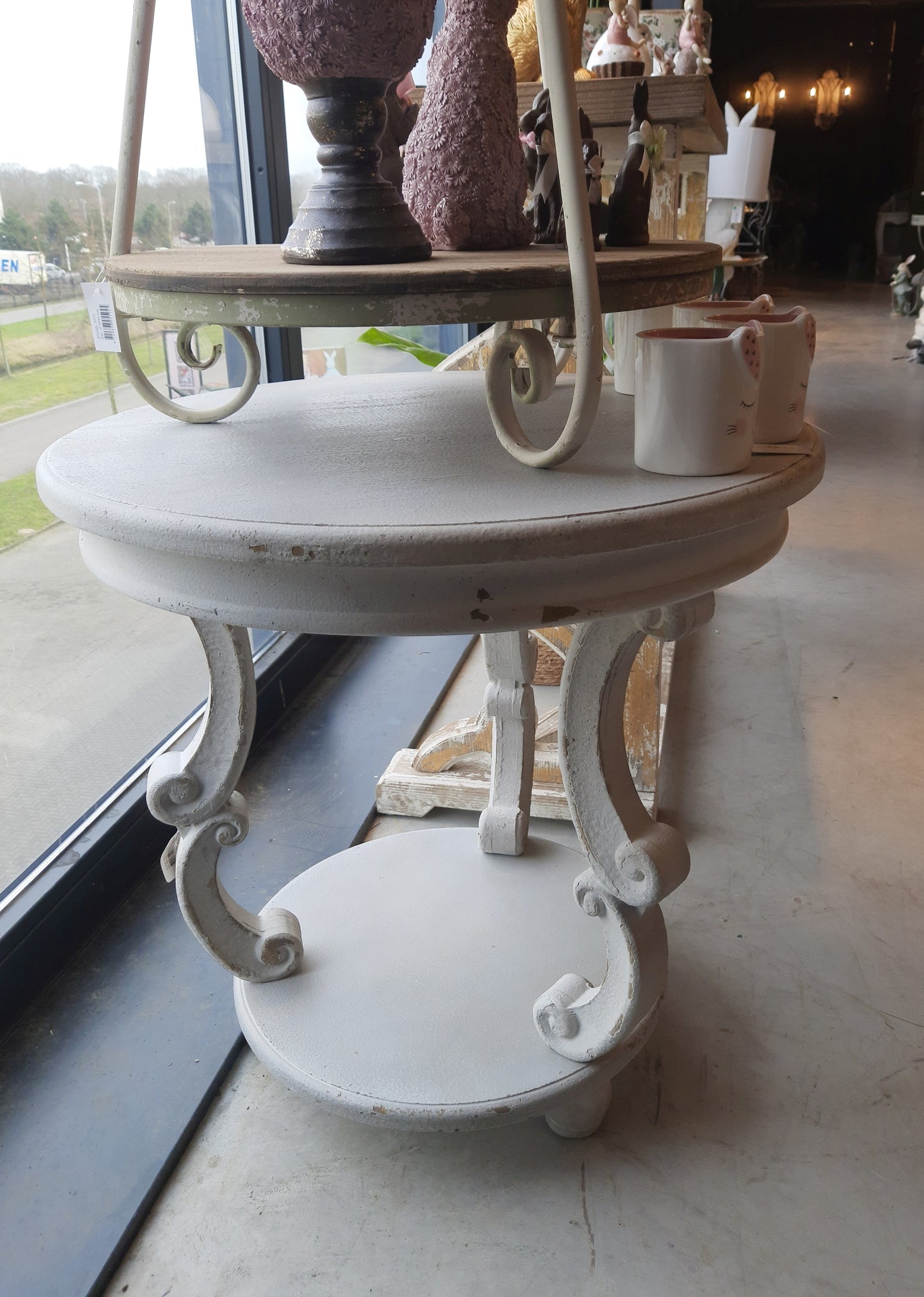 Beistelltisch Rund Grau Holz Shabby Chic mit Ablage