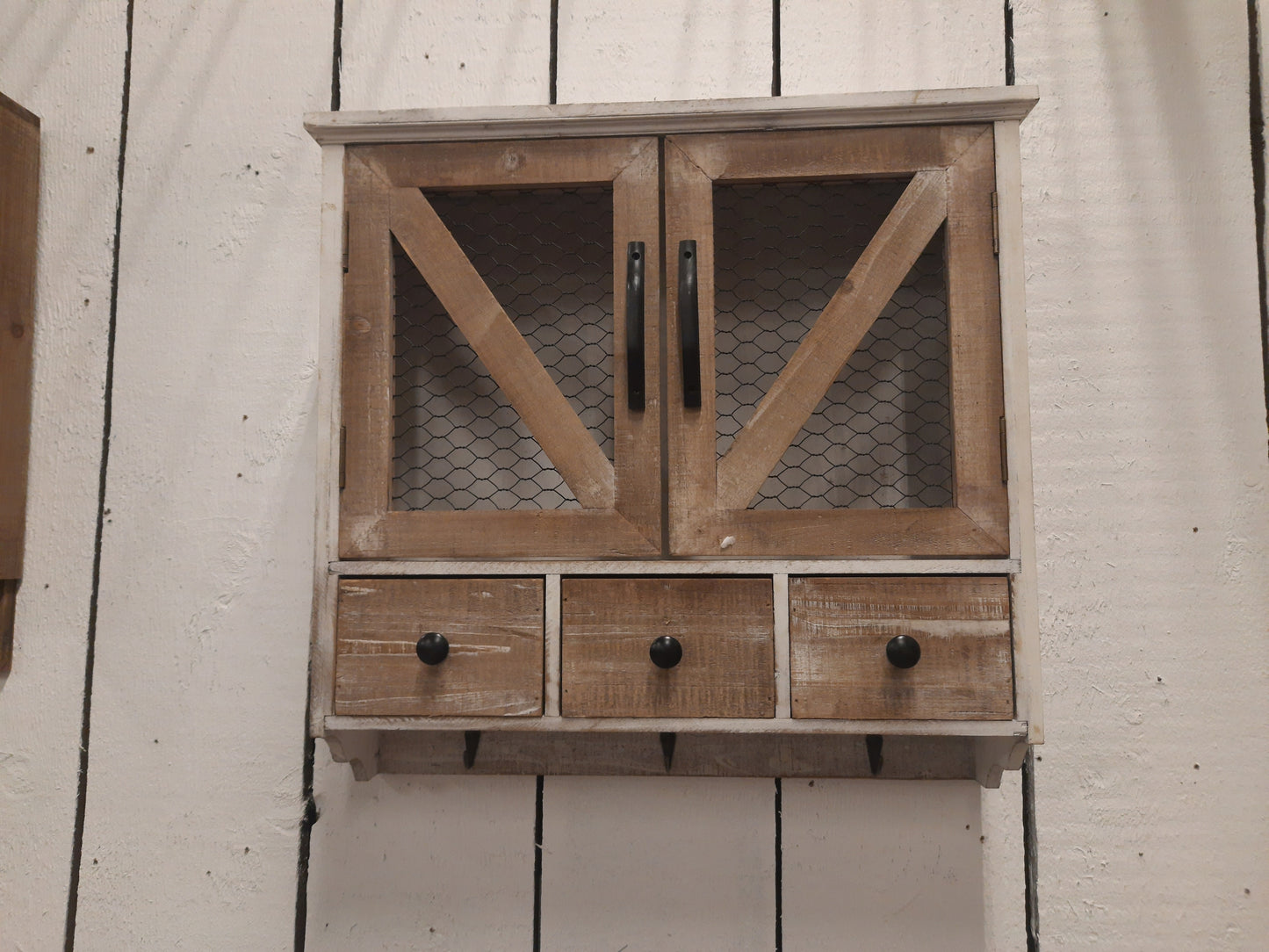 Wandregal mit Haken und Schubladen - Landhausstil Holz Braun-Weiß 53cm