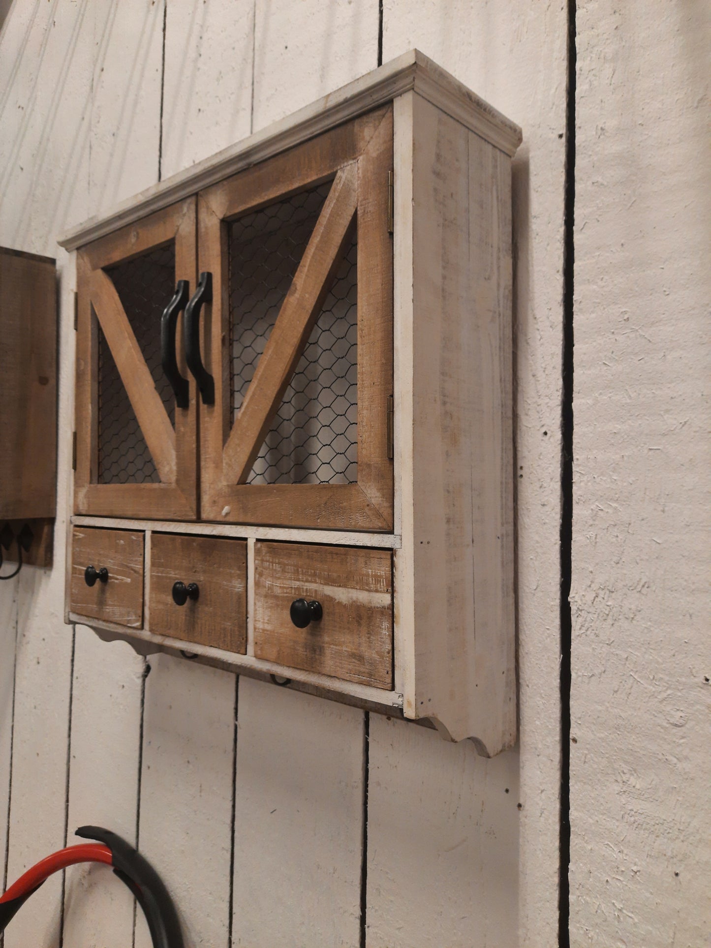 Wandregal mit Haken und Schubladen - Landhausstil Holz Braun-Weiß 53cm