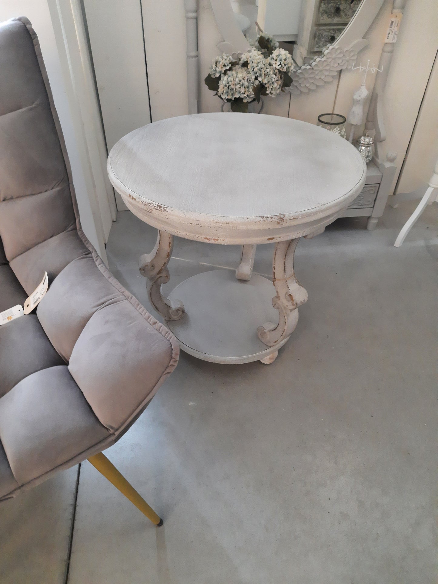 Beistelltisch Rund Grau Holz Shabby Chic mit Ablage