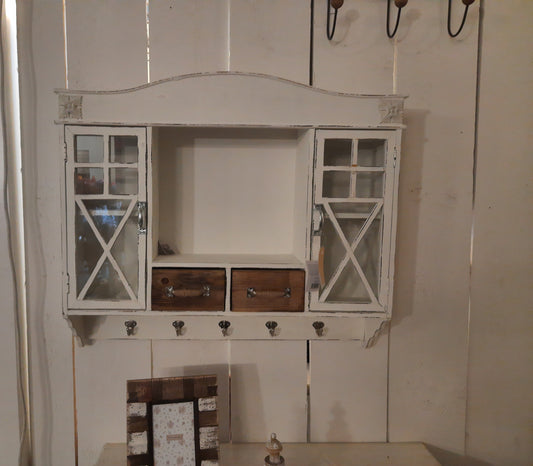 Weißer Hängeschrank aus Holz mit Schubladen und Haken - Landhausstil Shabby Chic