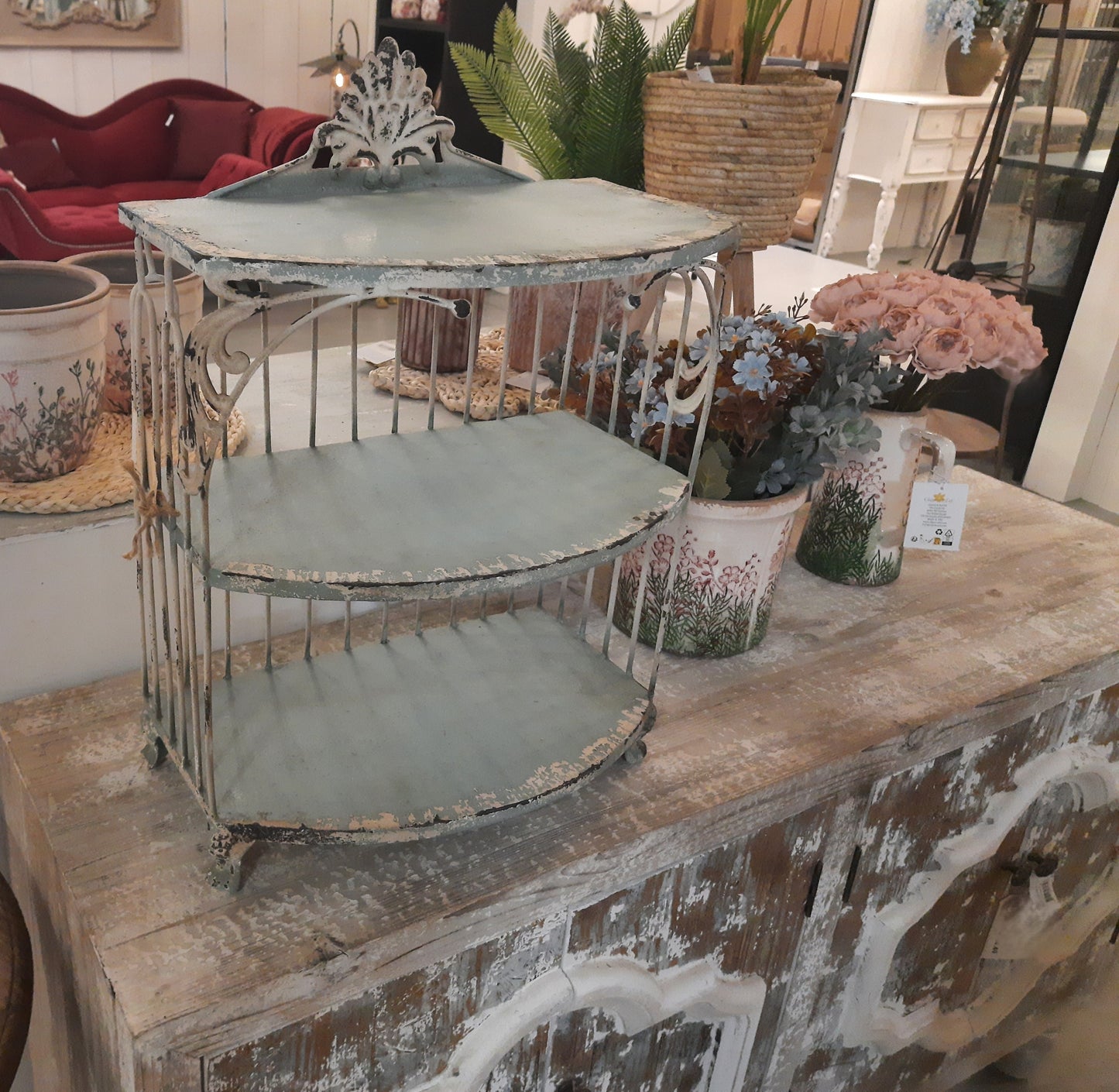 Shabby Chic Metallregal Grün-Beige 38x23x55cm - Vintage Wandregal Landhaus