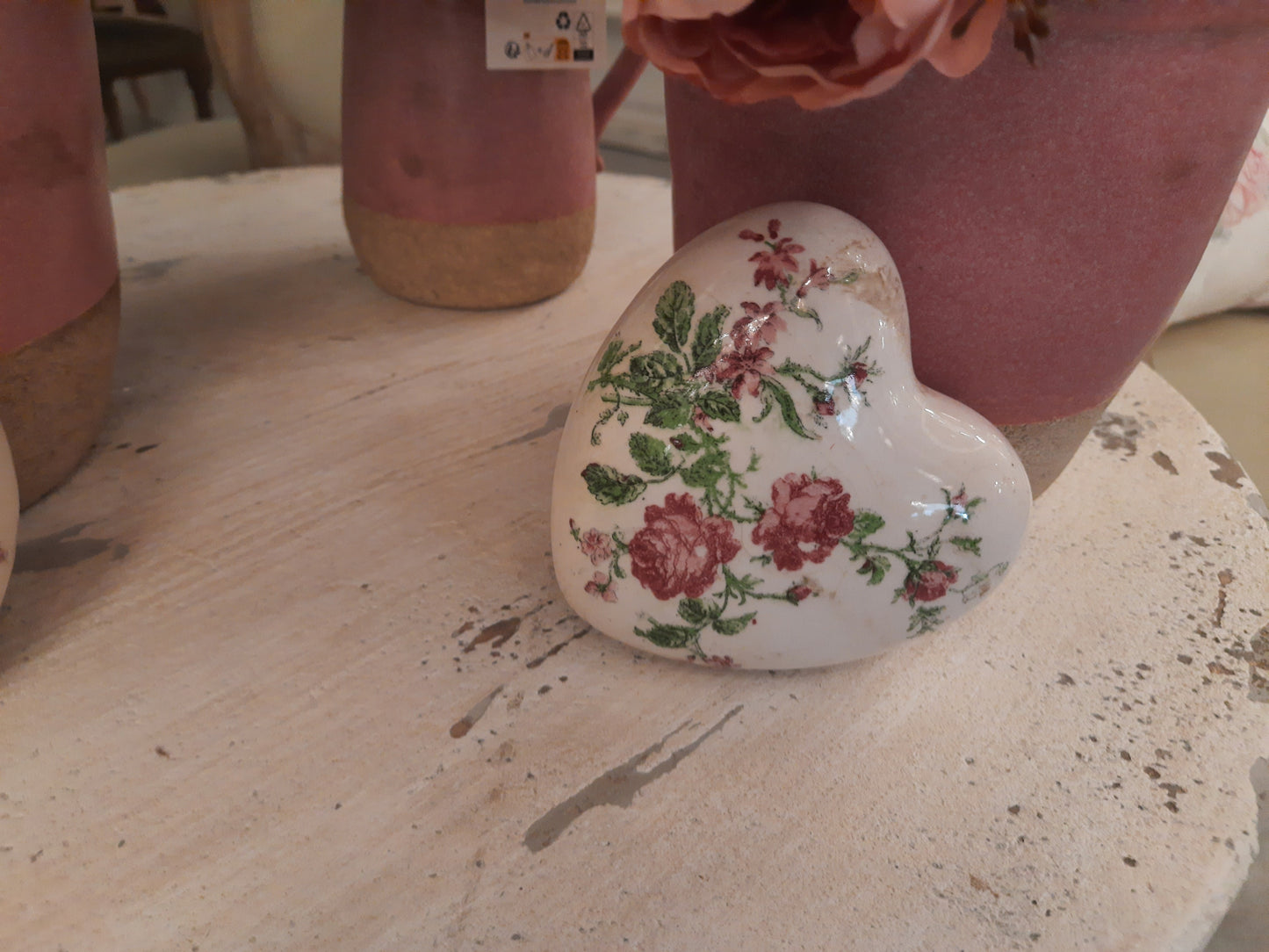 Keramik Herz Vintage Rosen Rosa - Clayre & Eef Deko Landhaus