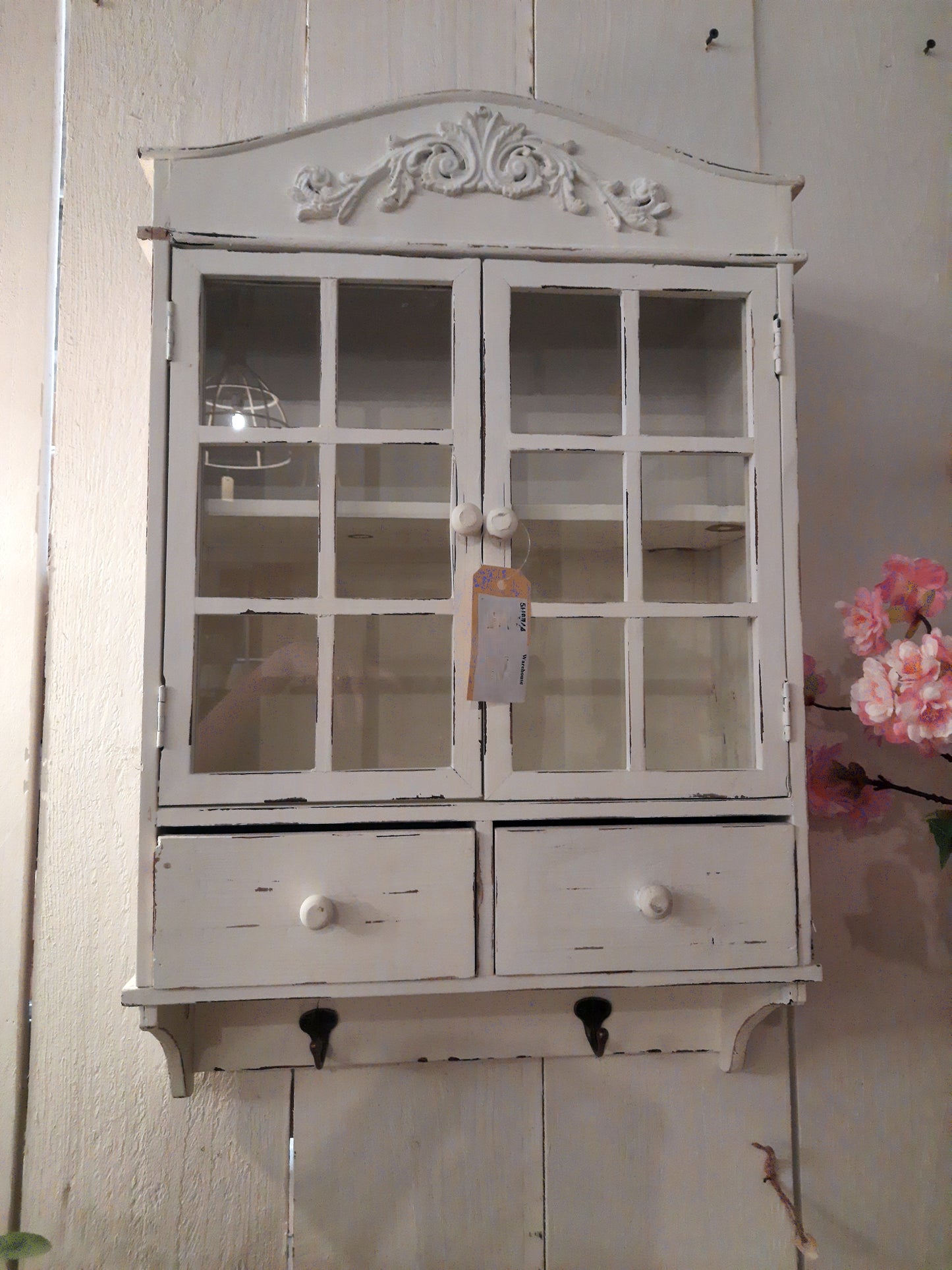 Shabby Chic Hängeschrank Weiß aus Holz - Wandschrank mit Schubladen und Haken im Landhausstil