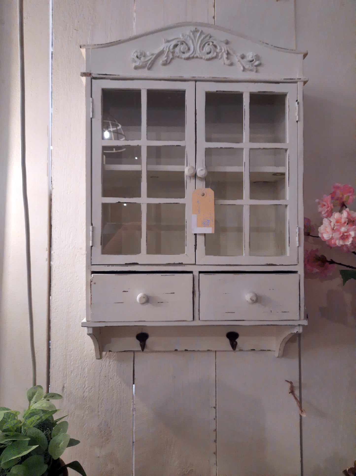 Shabby Chic Hängeschrank Weiß aus Holz - Wandschrank mit Schubladen und Haken im Landhausstil