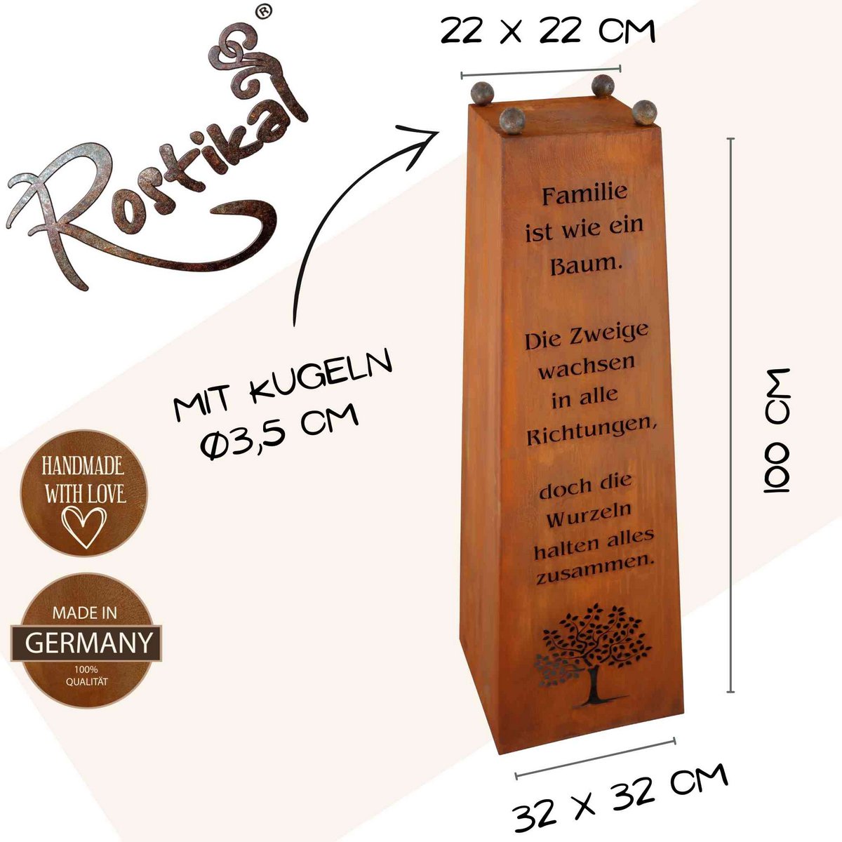 Edelrost Stele mit Schale und Familien-Spruch - Gartendeko für Draußen