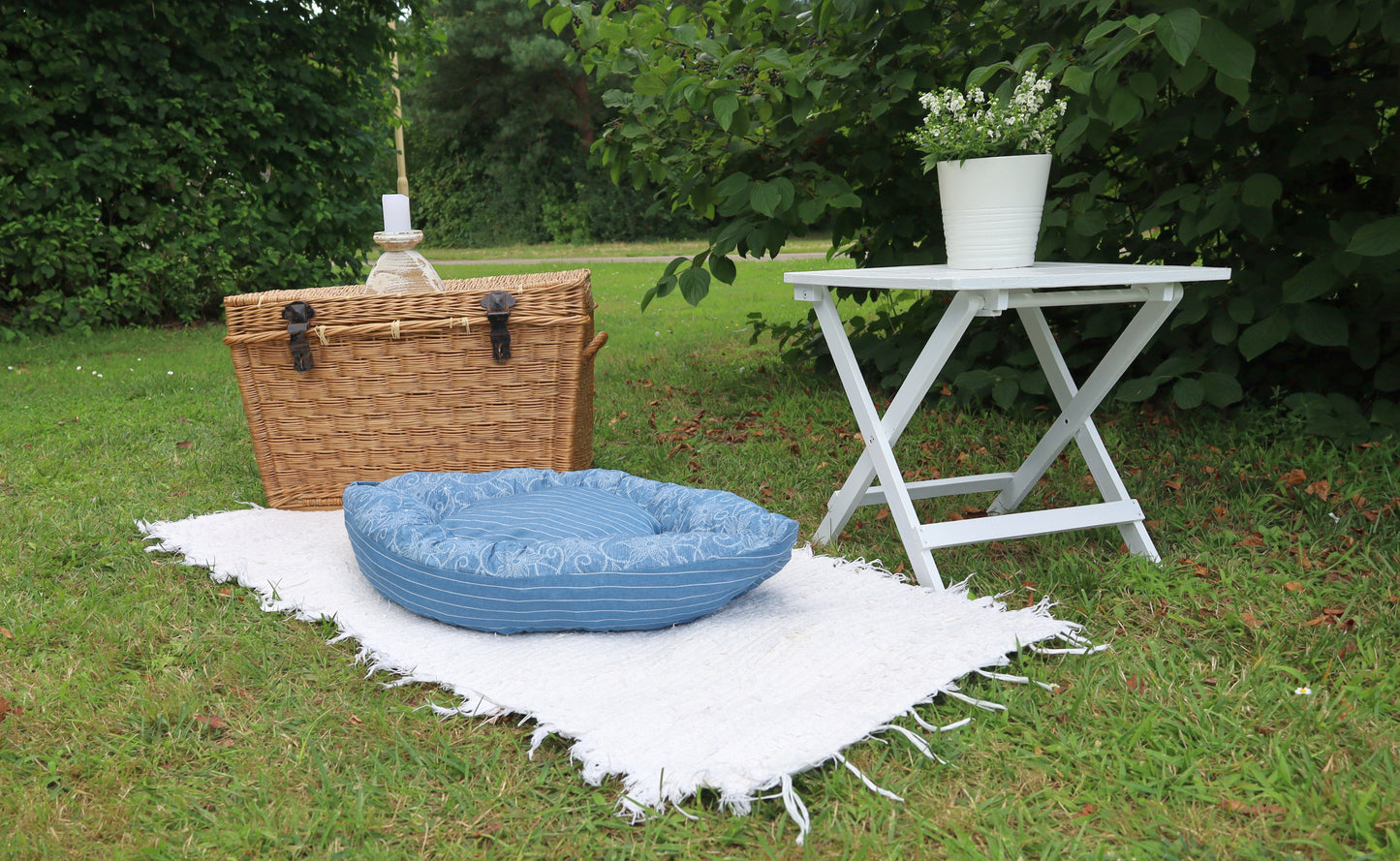 Hundebett Boot Ahoi! 80cm - Maritimes Hundekissen Baumwolle Blau-Weiß