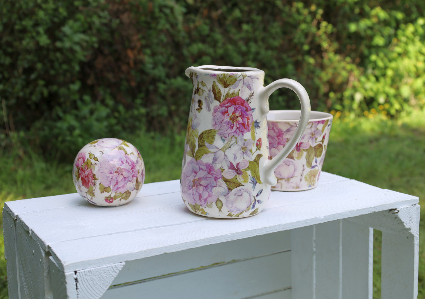 Keramik Krug Vase mit Pfingstrosenmotiv - Landhausstil Dekoration