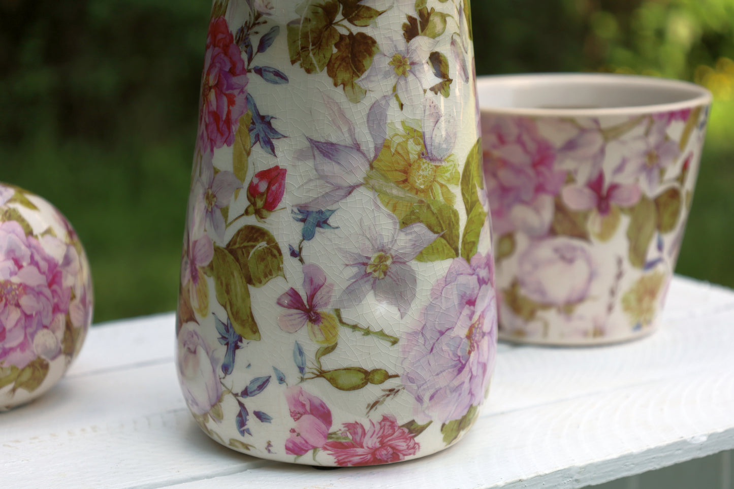 Keramik Krug Vase mit Pfingstrosenmotiv - Landhausstil Dekoration