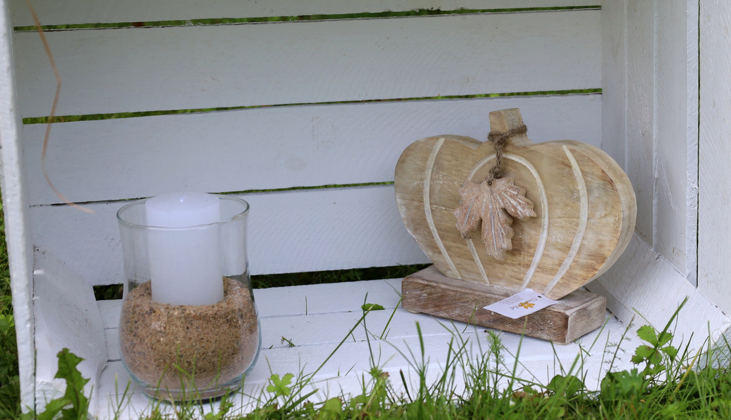 Kürbis Deko Holz Herbst - Ahornblatt Figur Herbstdekoration Halloween stehend