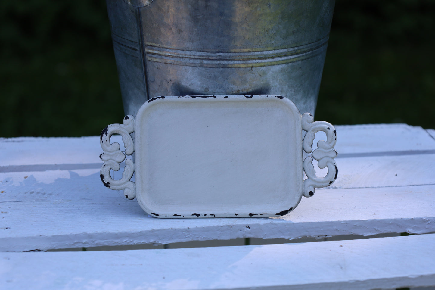 Mini Tablett Shabby Chic Weiß 16x8 cm - Schmuckablage Eisen Vintage Deko