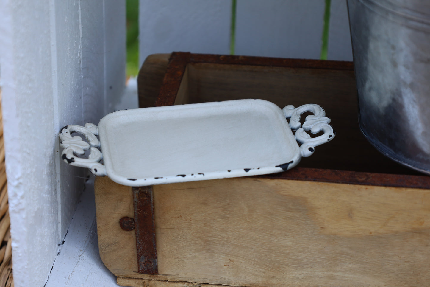 Mini Tablett Shabby Chic Weiß 16x8 cm - Schmuckablage Eisen Vintage Deko