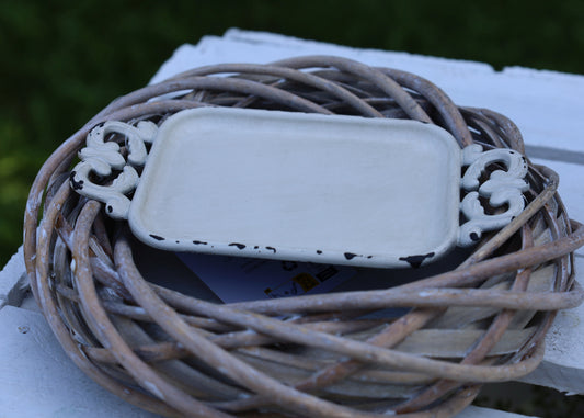 Mini Tablett Shabby Chic Weiß 16x8 cm - Schmuckablage Eisen Vintage Deko