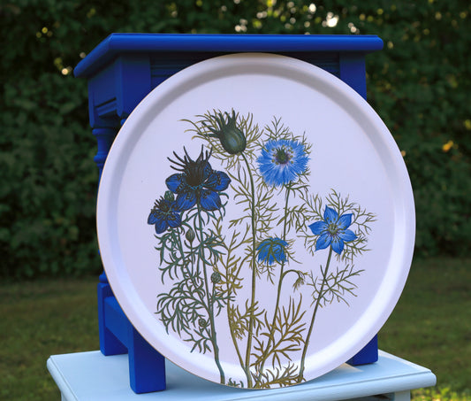 Rundes Holztablett mit Blumenmotiven - Koustrup & Co Dekotablett Blau-Weiß