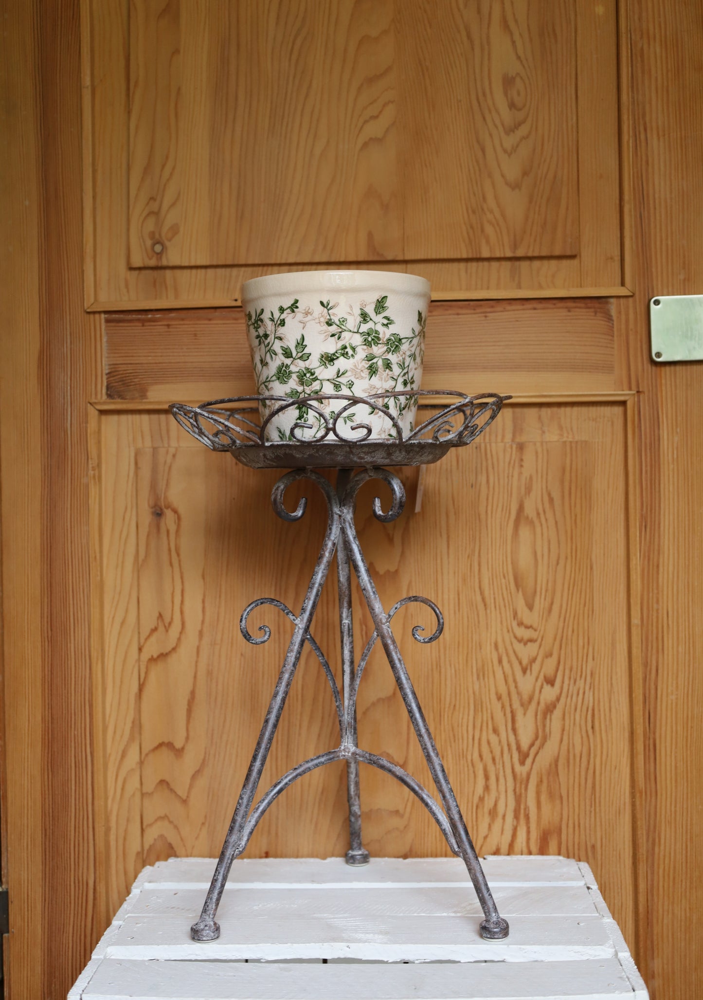 Keramik Blumentopf Grün-Beige mit Rankenmotiv - Clayre & Eef