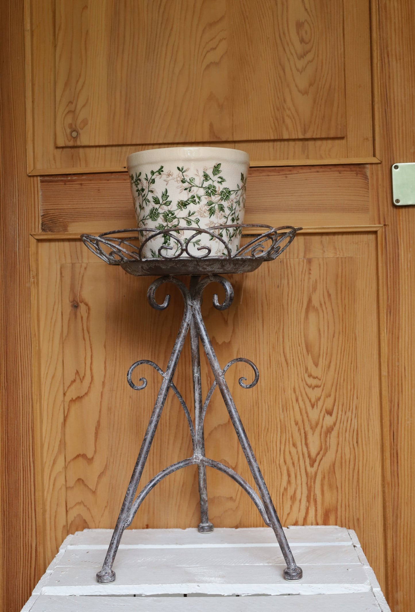 Keramik Blumentopf Grün-Beige mit Rankenmotiv - Clayre & Eef