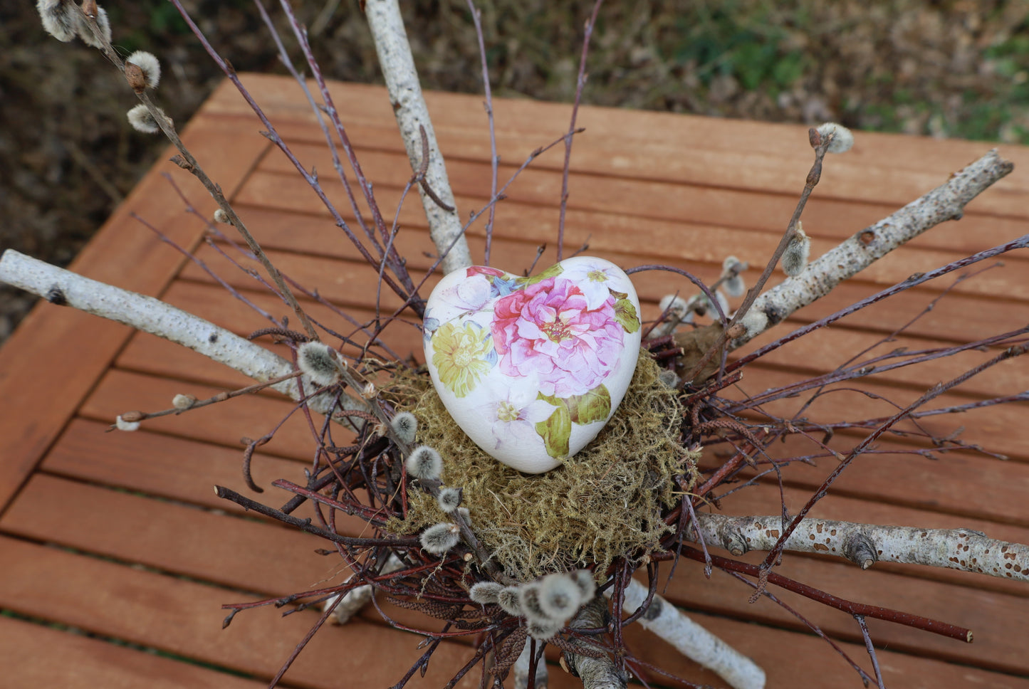 Keramik Herz mit Pfingstrosen - Vintage Deko Rosa Shabby Chic