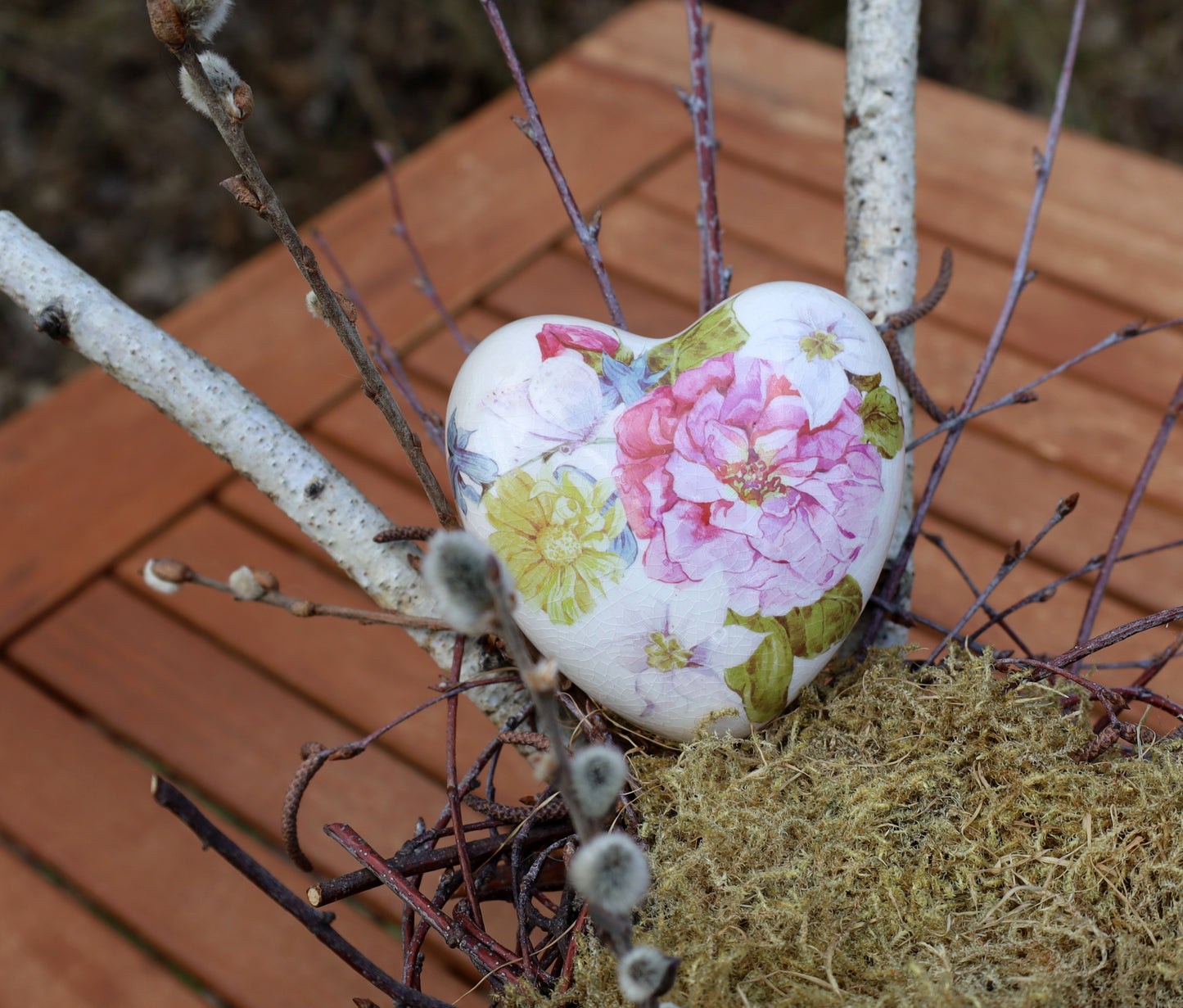 Keramik Herz mit Pfingstrosen - Vintage Deko Rosa Shabby Chic